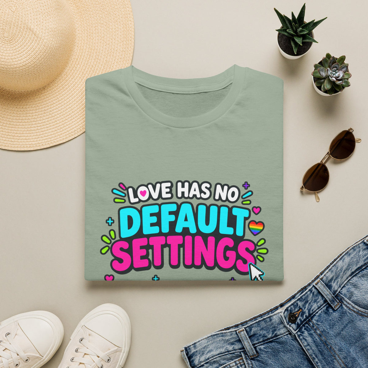 "Love Has No Default Settings" Bright LGBTQ+ Pride Graphic Tee