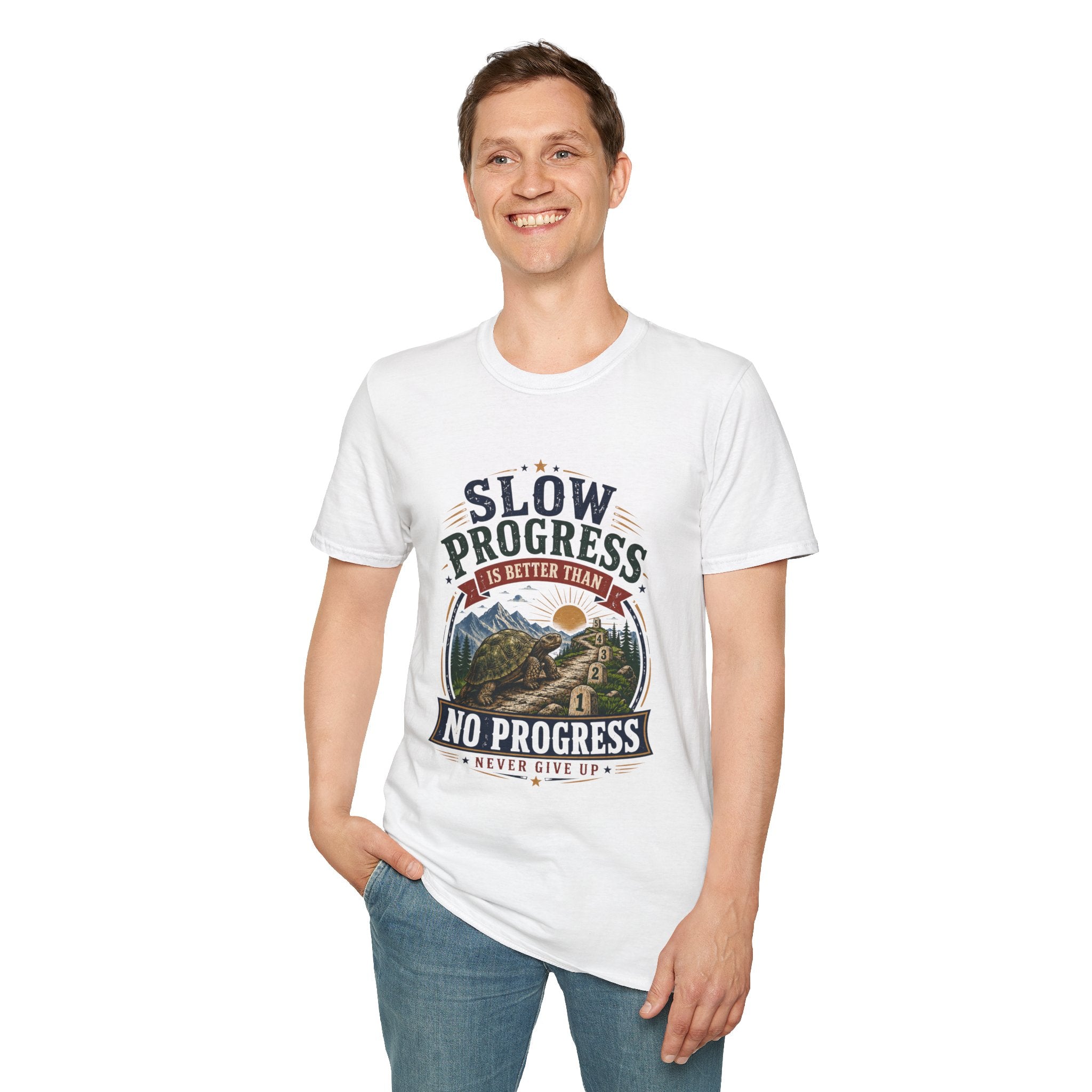 Slow Progress Mountain Tee — "Slow Progress Is Better Than No Progress" Inspirational T-Shirt