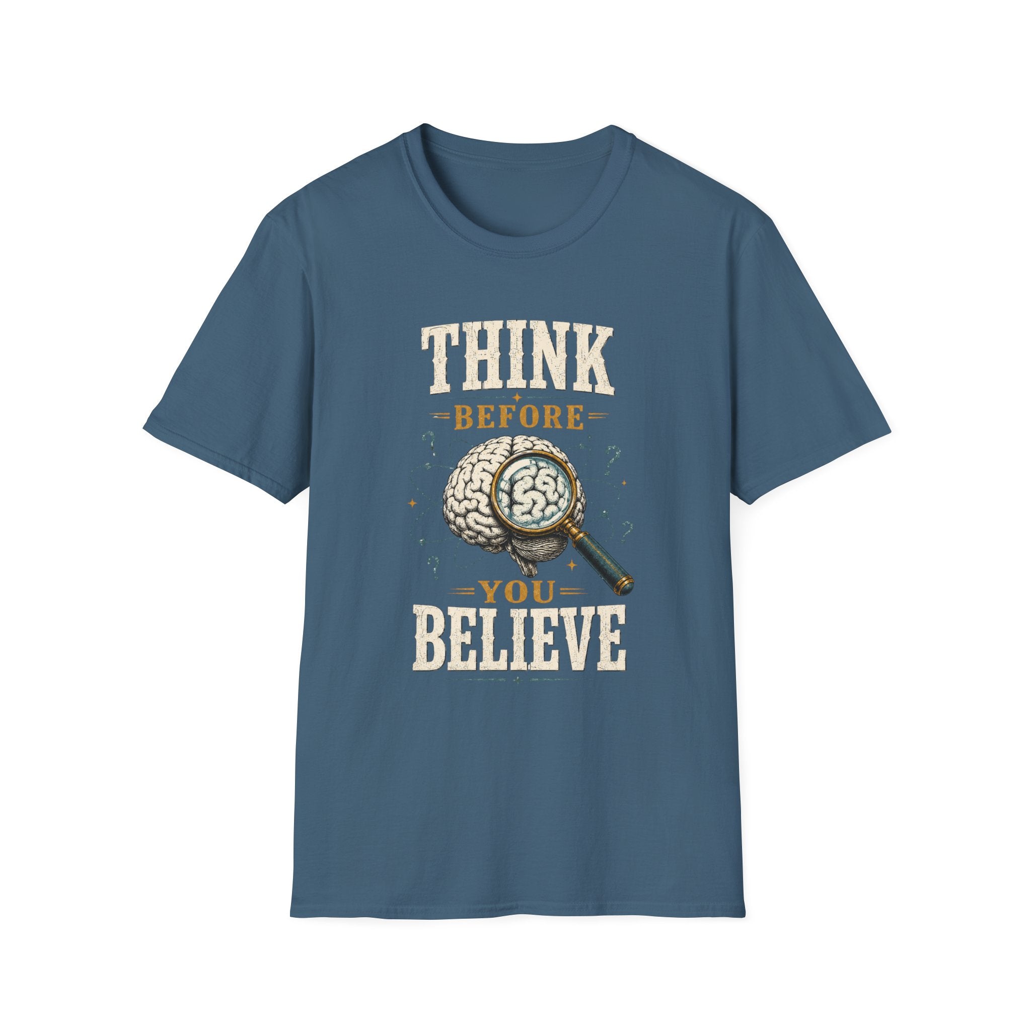 Think Before You Believe T-Shirt — Vintage Brain Graphic Tee