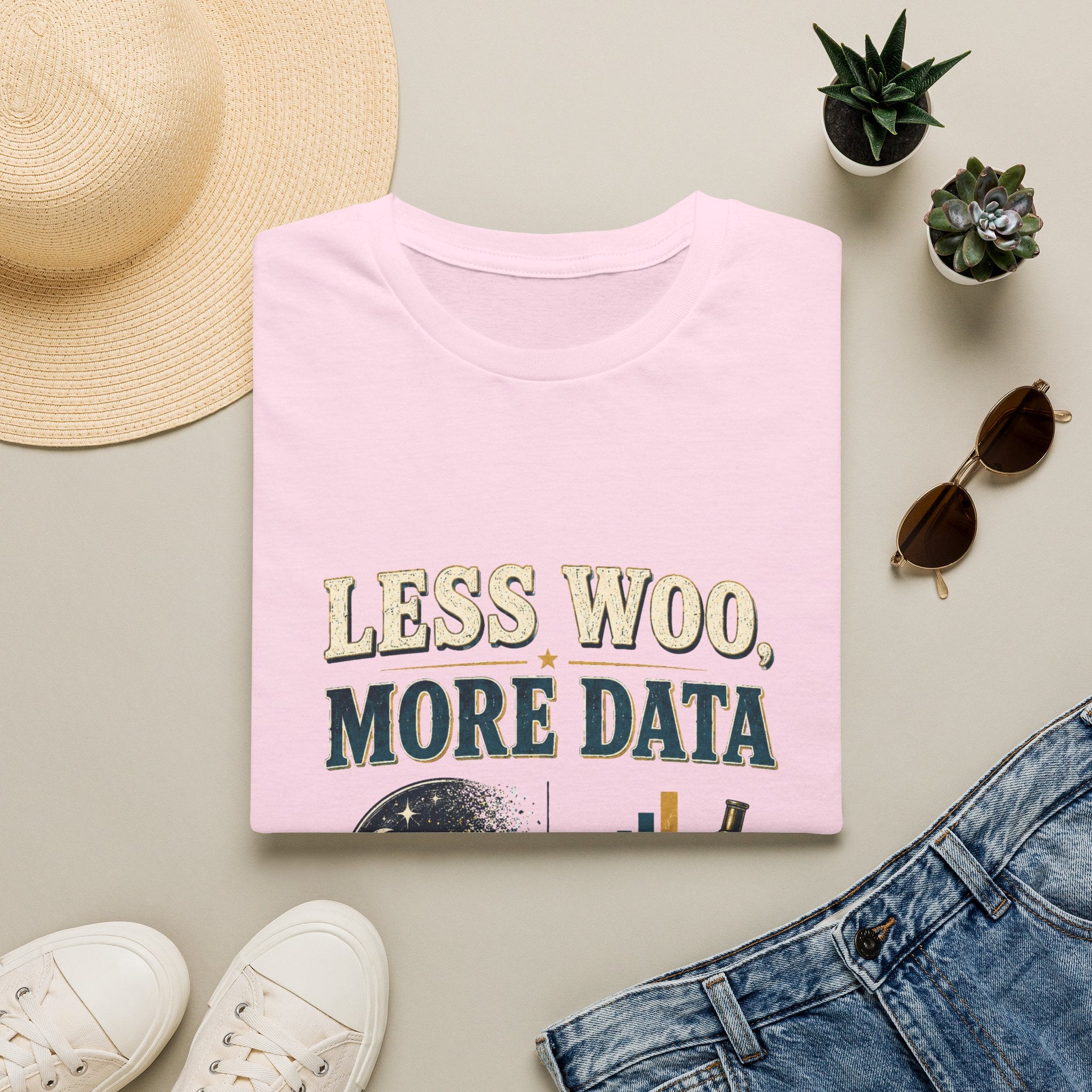 Less Woo, More Data Graphic T-Shirt — Science & Skepticism Tee