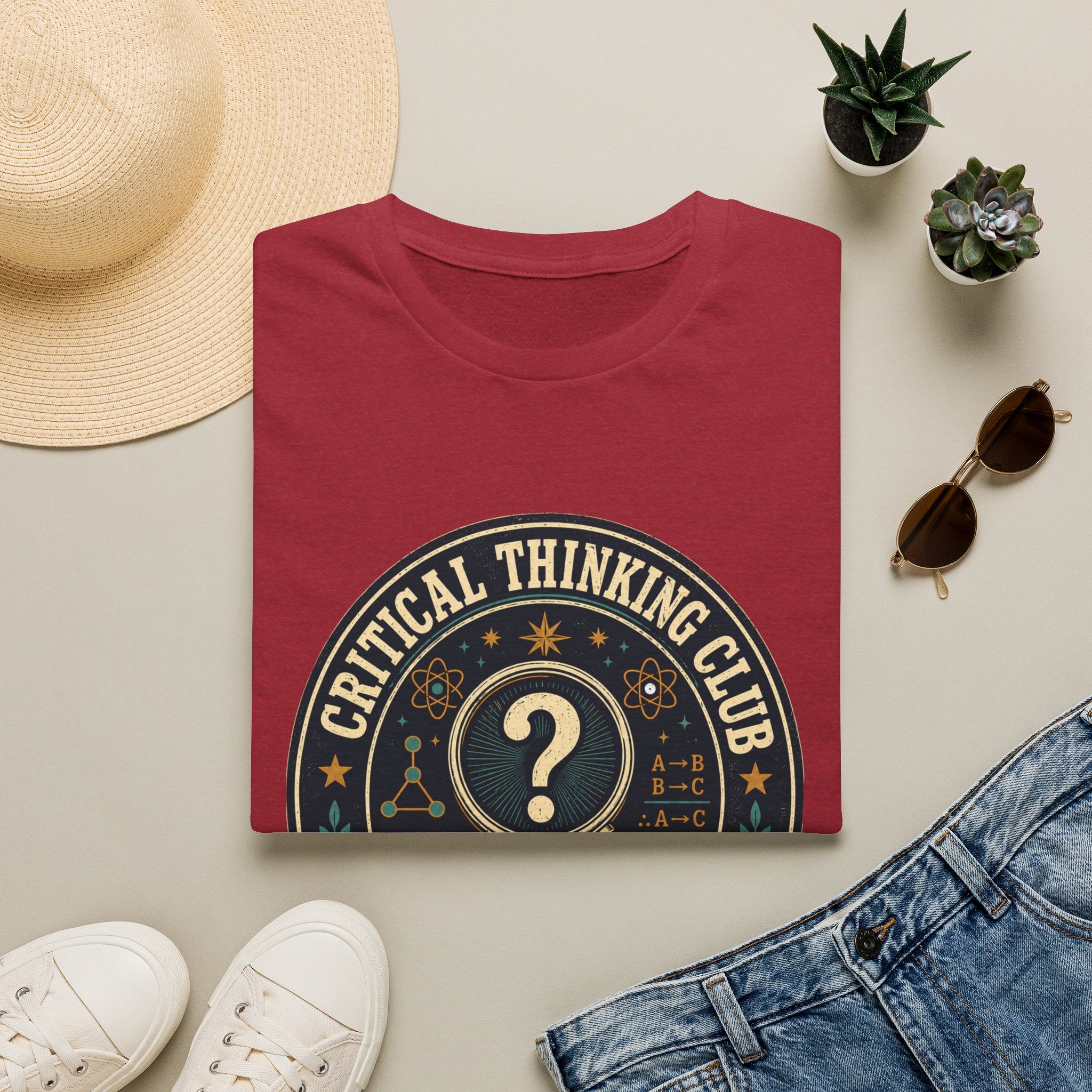 Critical Thinking Club T-Shirt – Vintage Magnifying Glass Design (Since The First Question)