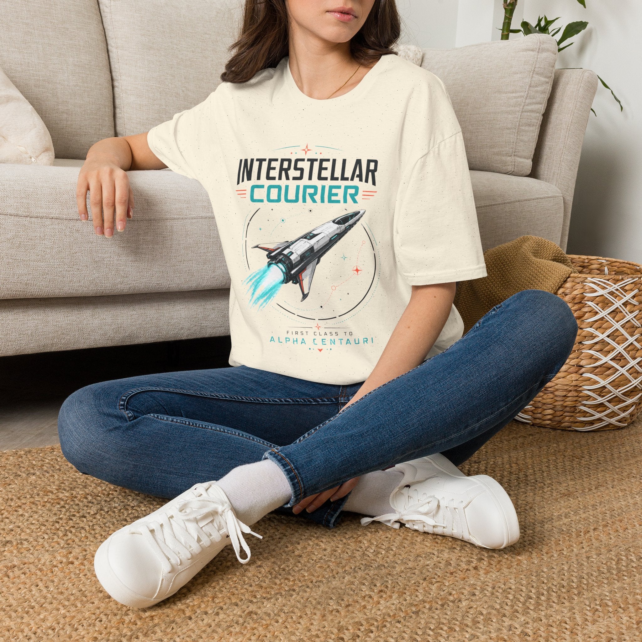 Interstellar Courier T‑Shirt — Retro Space Rocket Tee for Sci‑Fi Fans