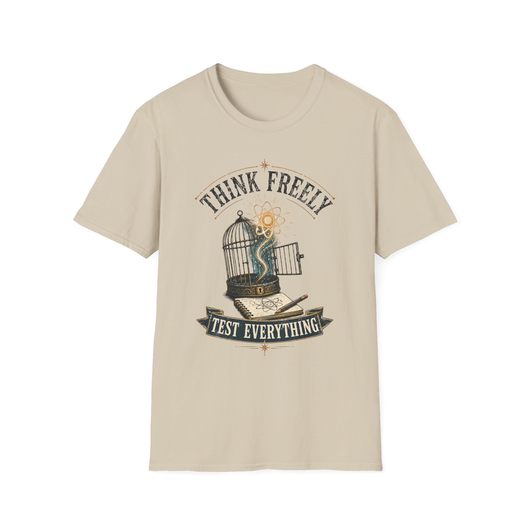 Think Freely T-Shirt — 'Test Everything' Inspirational Cage & Book Graphic Tee