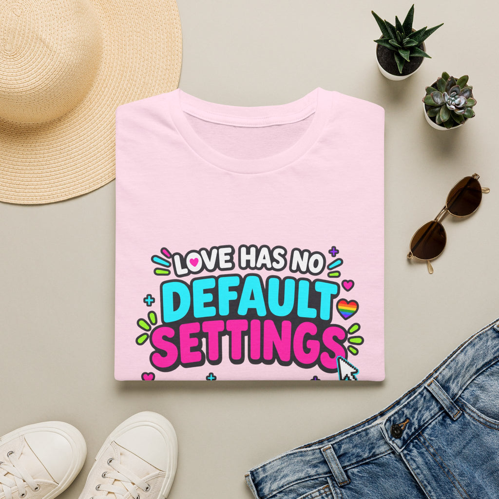 "Love Has No Default Settings" Bright LGBTQ+ Pride Graphic Tee