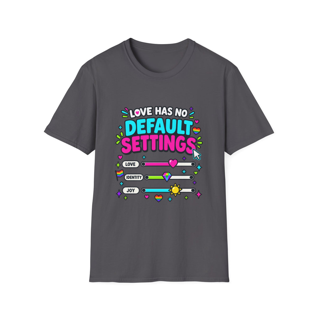 "Love Has No Default Settings" Bright LGBTQ+ Pride Graphic Tee