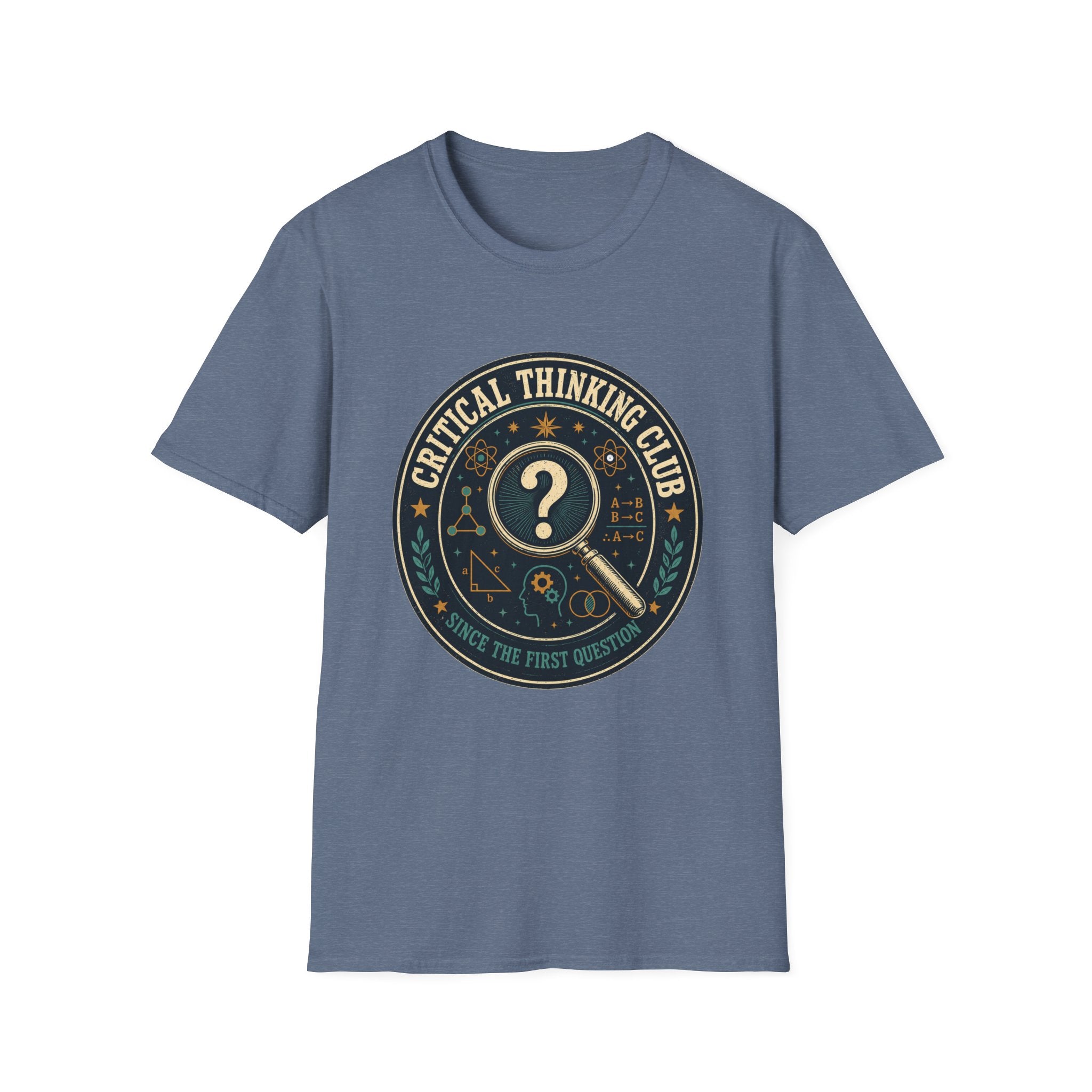 Critical Thinking Club T-Shirt – Vintage Magnifying Glass Design (Since The First Question)