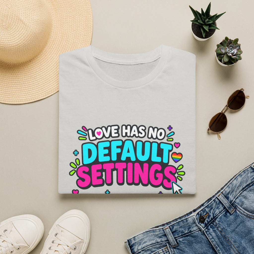 "Love Has No Default Settings" Bright LGBTQ+ Pride Graphic Tee