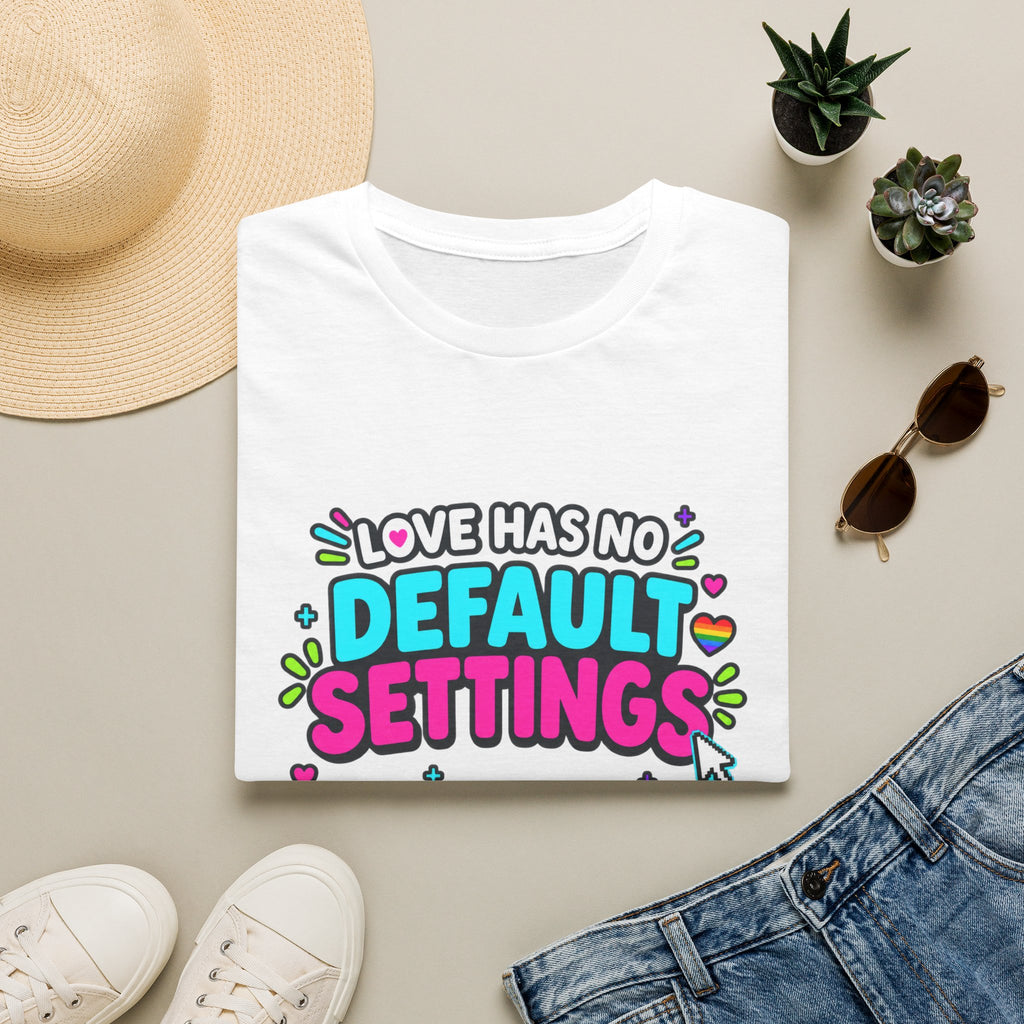 "Love Has No Default Settings" Bright LGBTQ+ Pride Graphic Tee