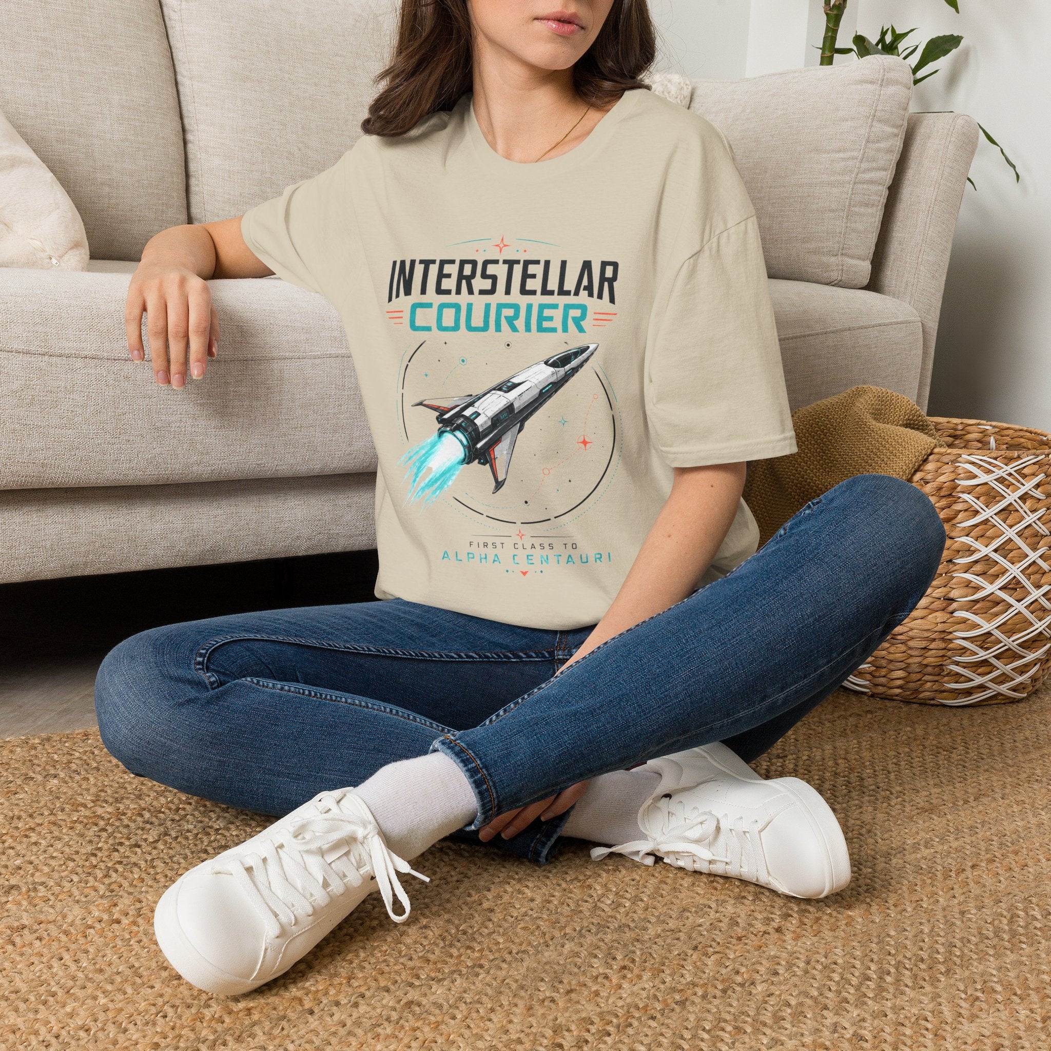 Interstellar Courier T‑Shirt — Retro Space Rocket Tee for Sci‑Fi Fans
