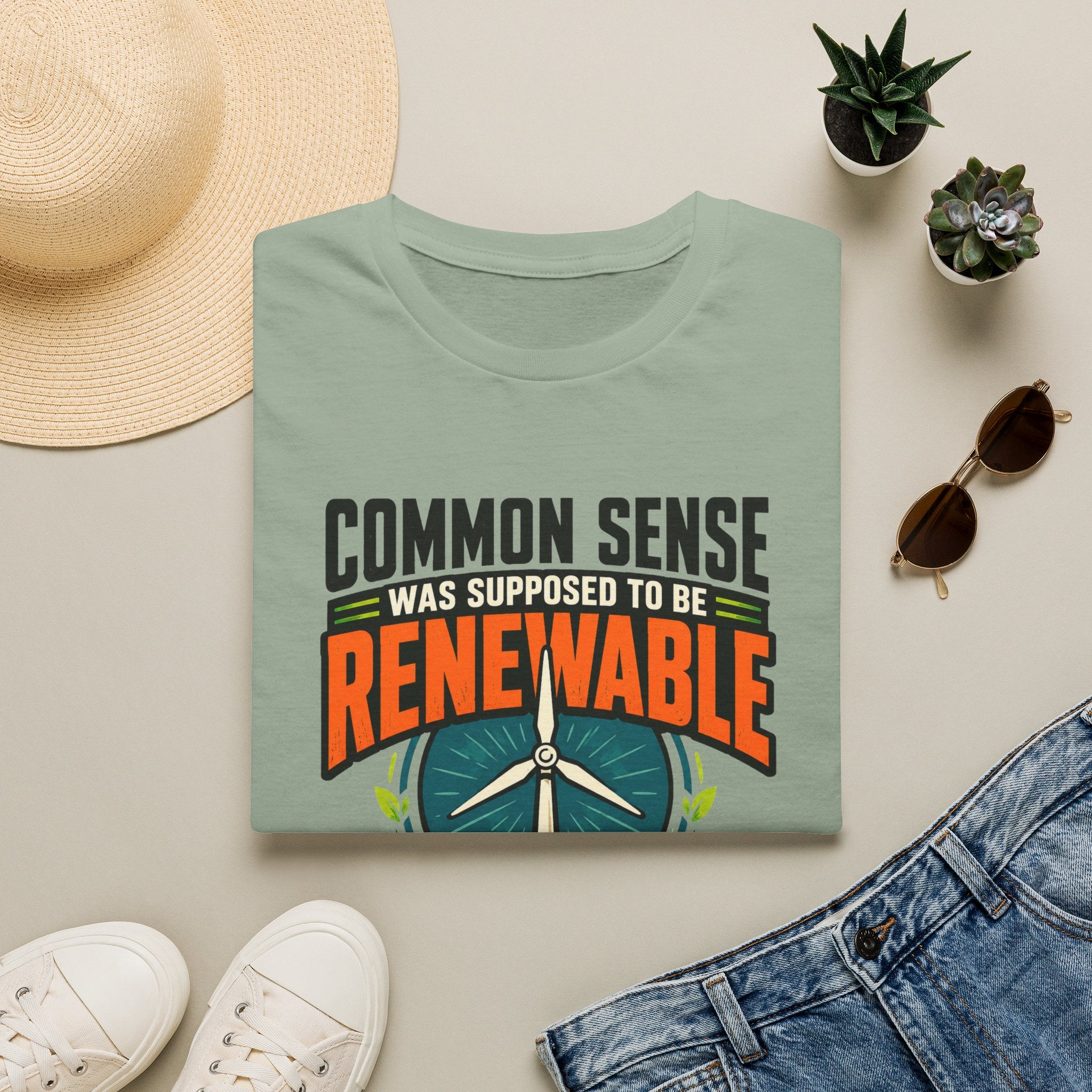 Renewable Energy T-Shirt — "Common Sense Was Supposed to Be Renewable" Eco Graphic Tee