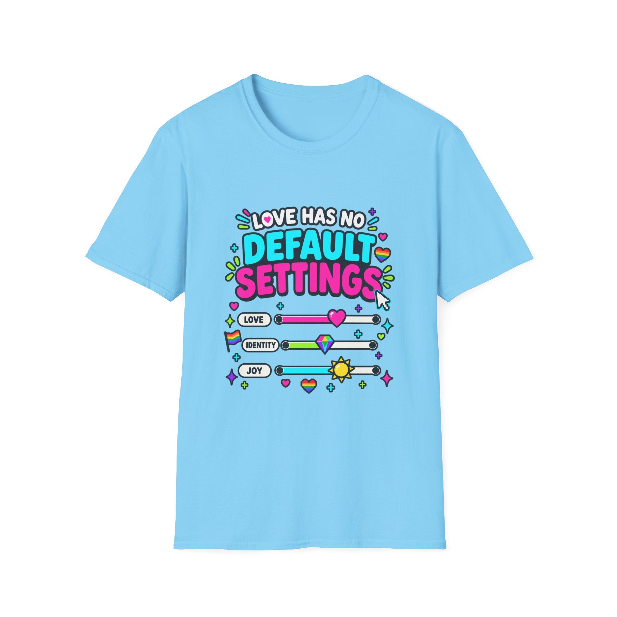 "Love Has No Default Settings" Bright LGBTQ+ Pride Graphic Tee