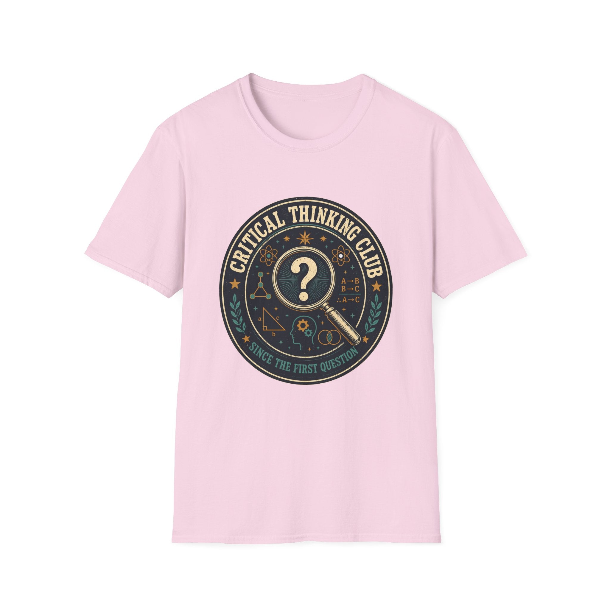 Critical Thinking Club T-Shirt – Vintage Magnifying Glass Design (Since The First Question)