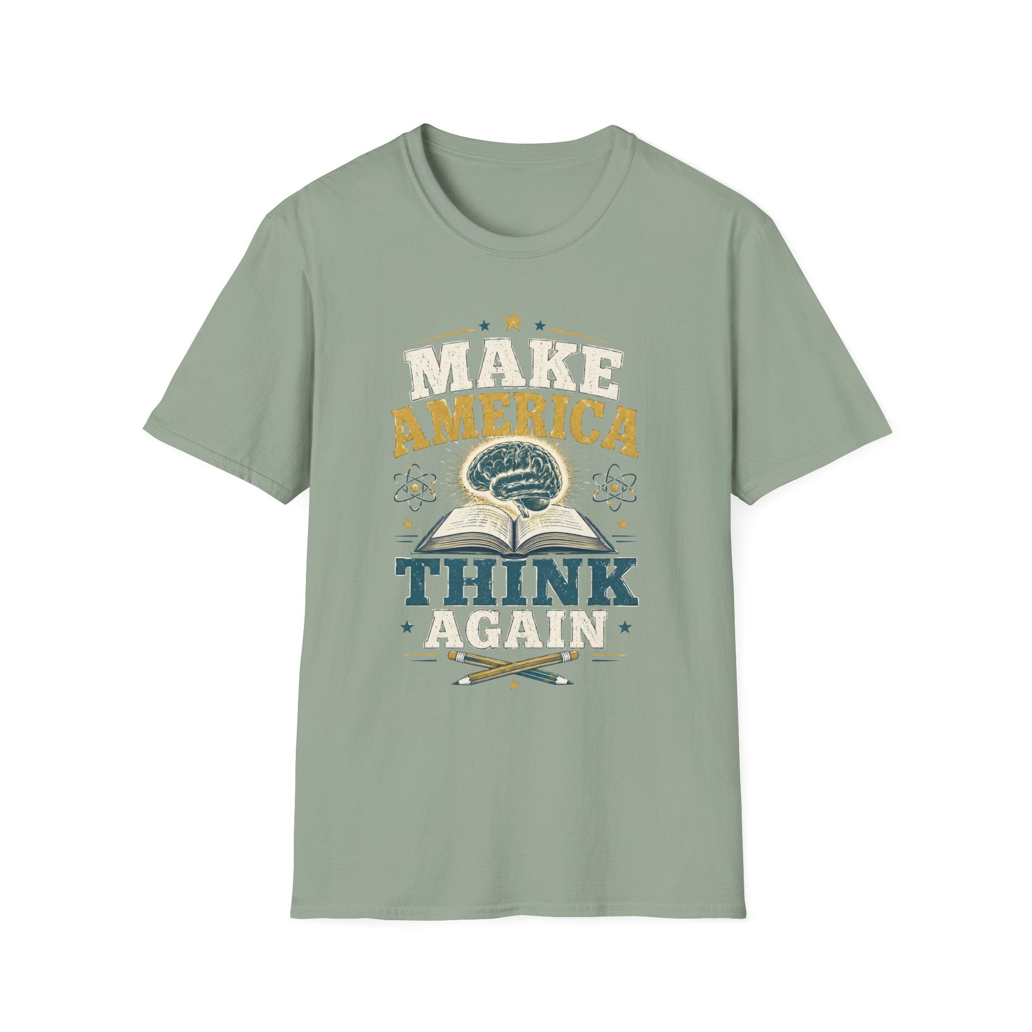 Make America Think Again T-Shirt — Retro Brain Graphic Tee