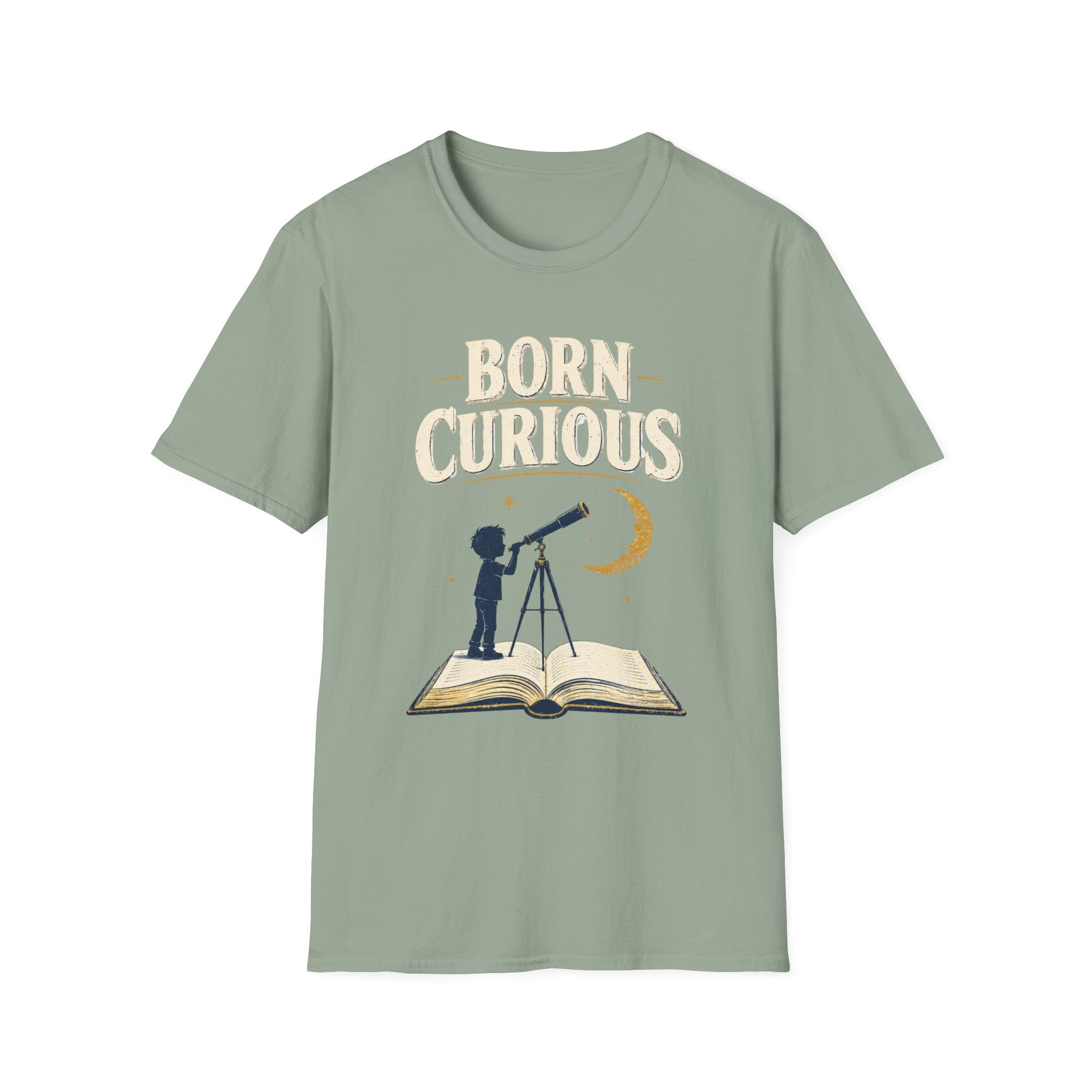 Born Curious T‑Shirt — Telescope Astronomy Graphic Tee for Curious Kids & Adults