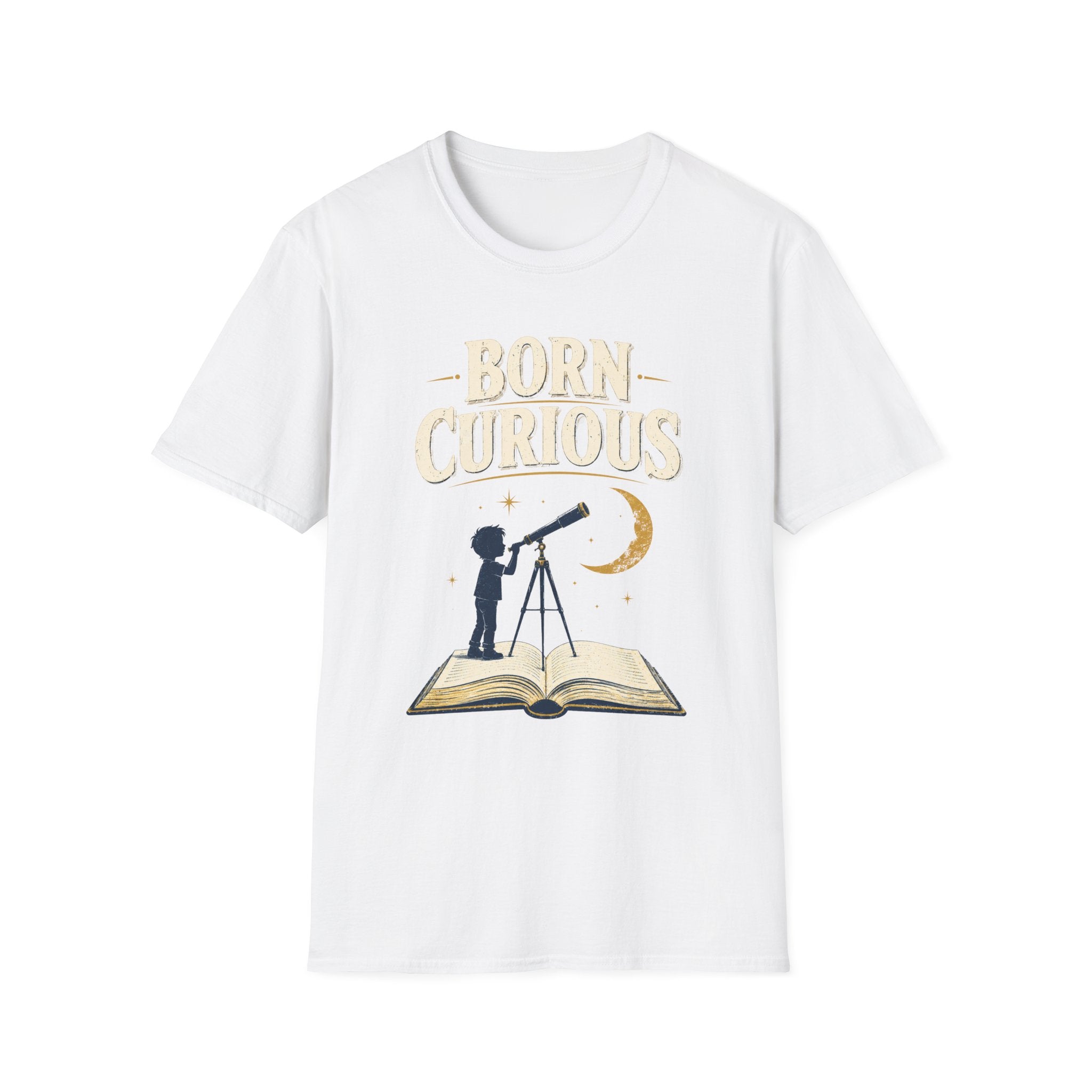 Born Curious T‑Shirt — Telescope Astronomy Graphic Tee for Curious Kids & Adults