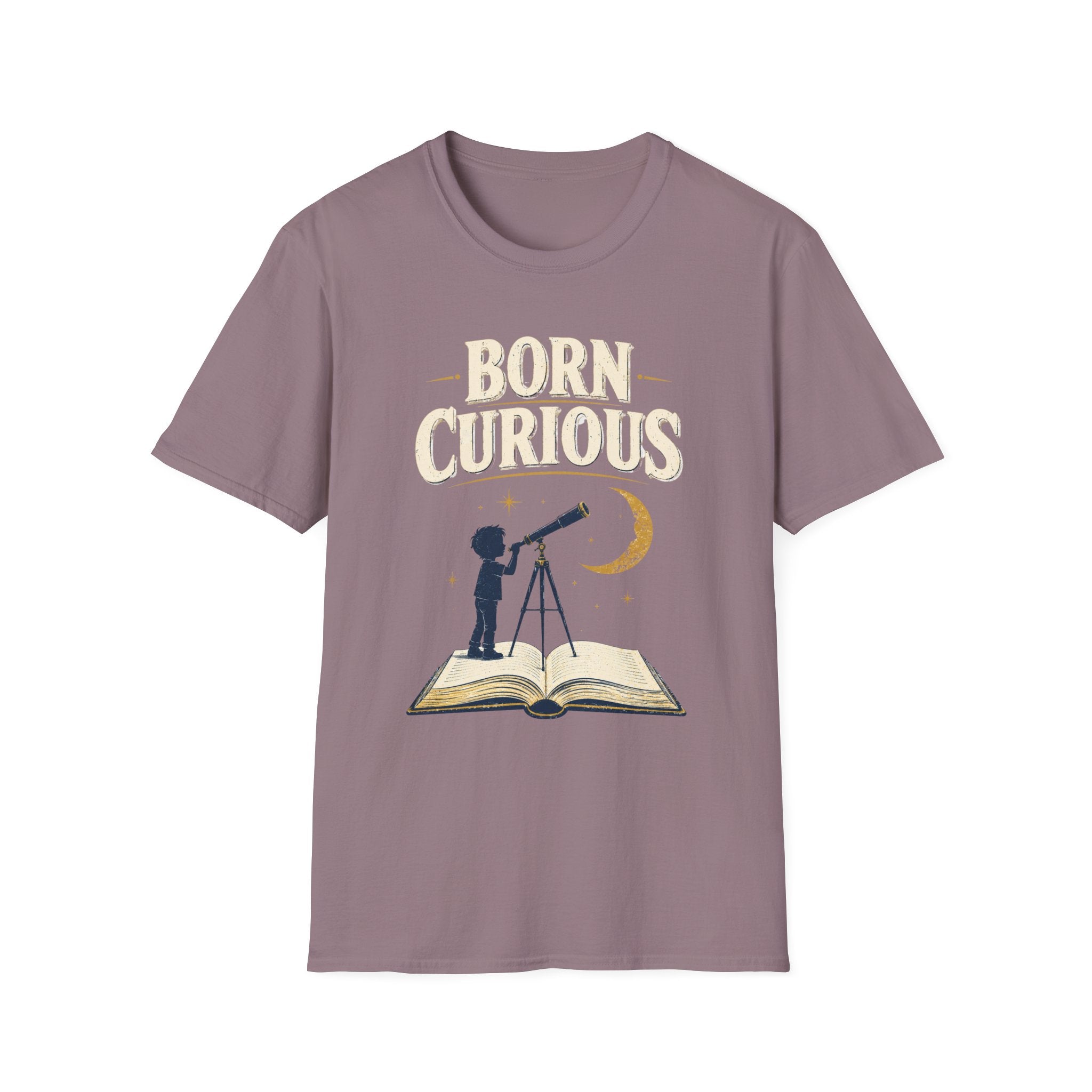 Born Curious T‑Shirt — Telescope Astronomy Graphic Tee for Curious Kids & Adults