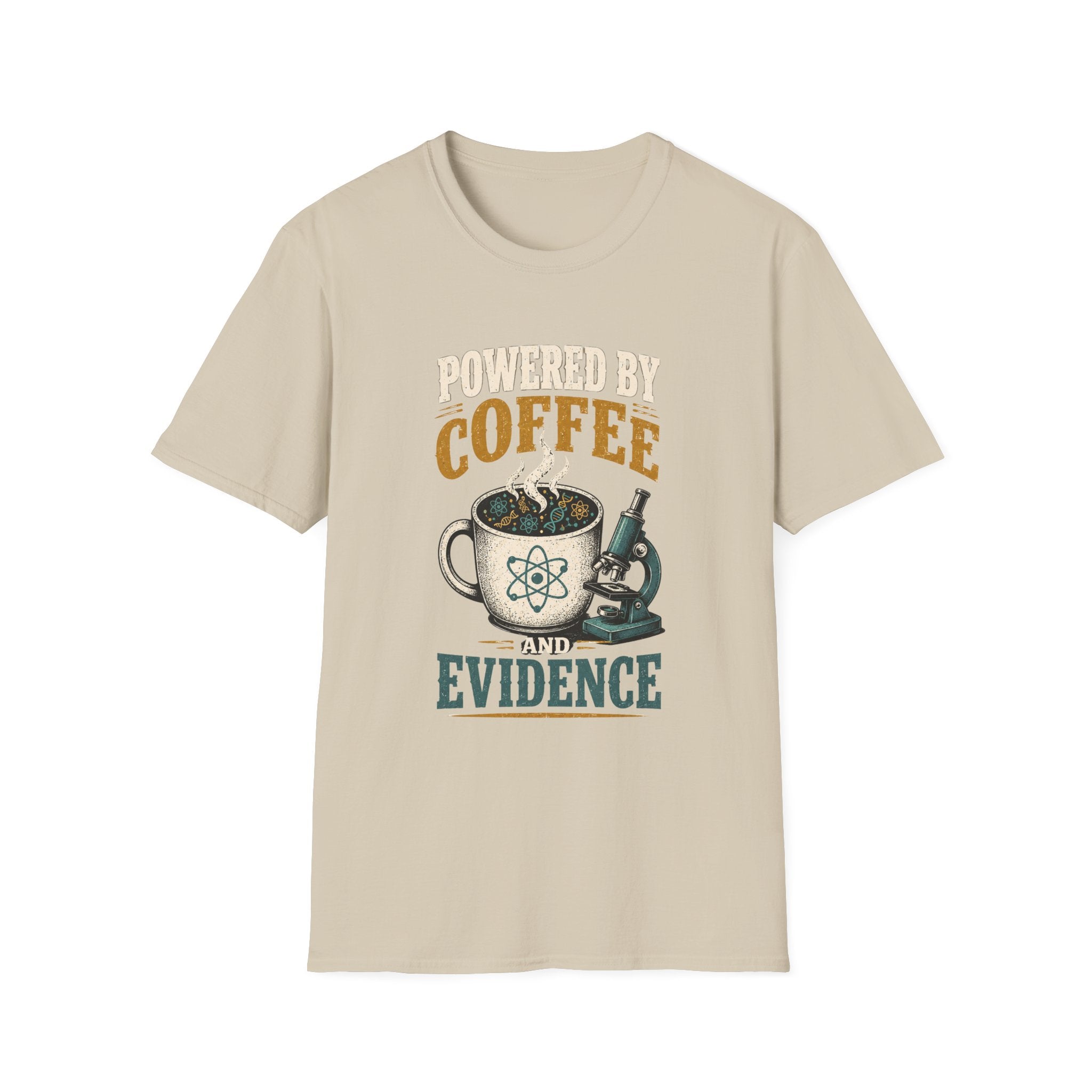 Coffee T-Shirt — "Powered by Coffee & Evidence" Retro Science Mug Design