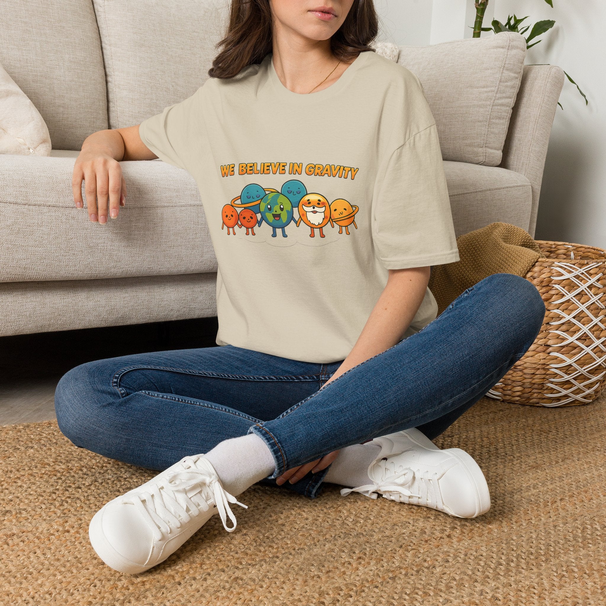 Cute Planetary Cartoon "We Believe in Gravity" Tee