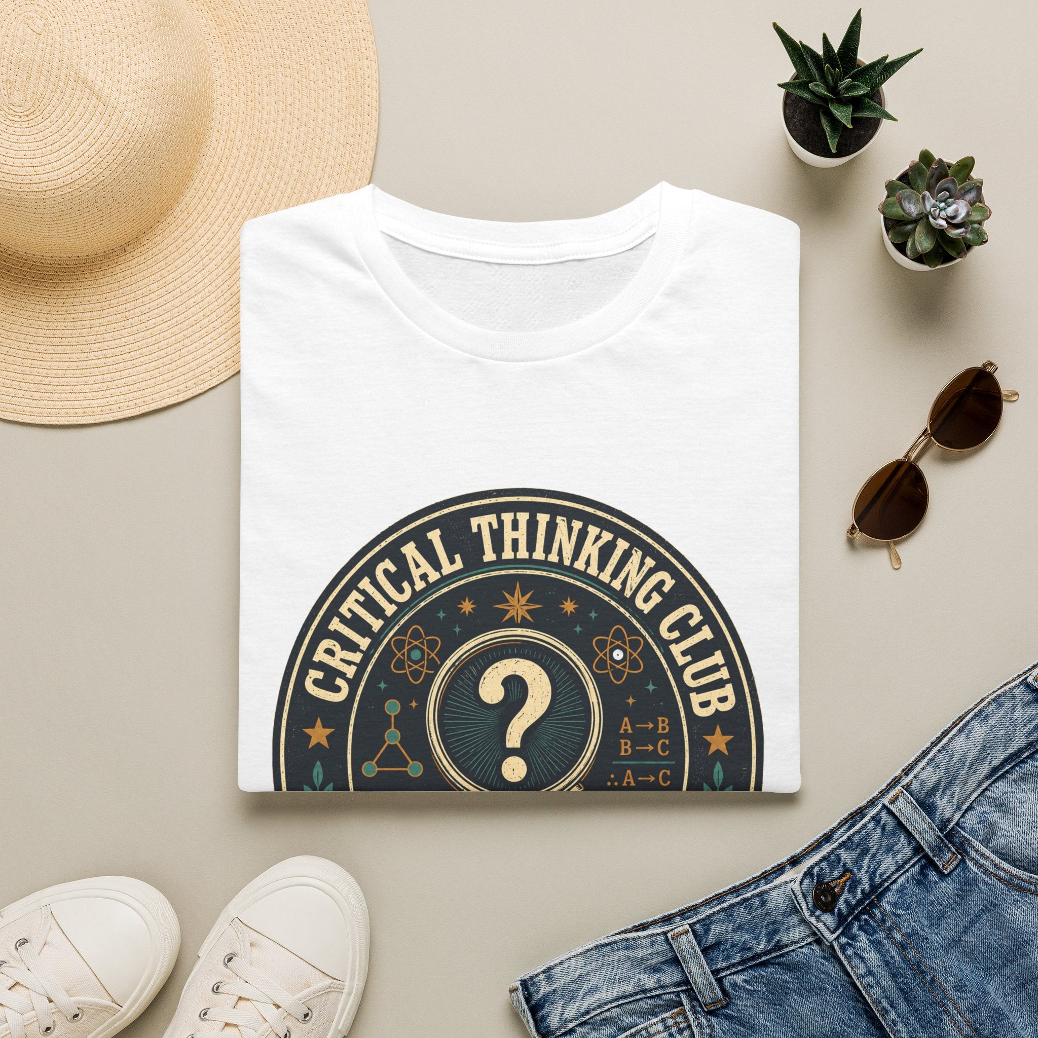 Critical Thinking Club T-Shirt – Vintage Magnifying Glass Design (Since The First Question)