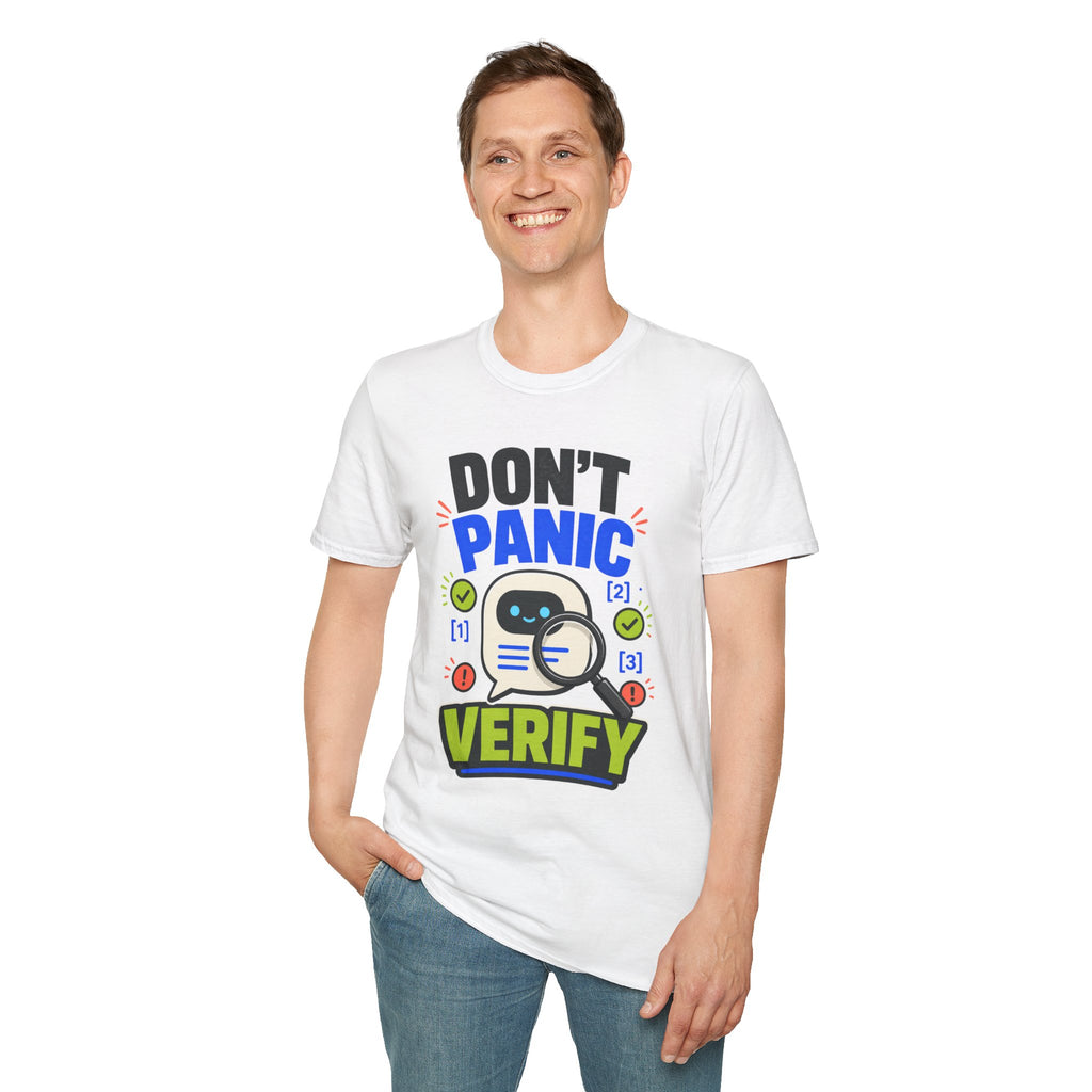 Don't Panic Verify T‑Shirt — Cute Robot Security Humor Tee for Techies