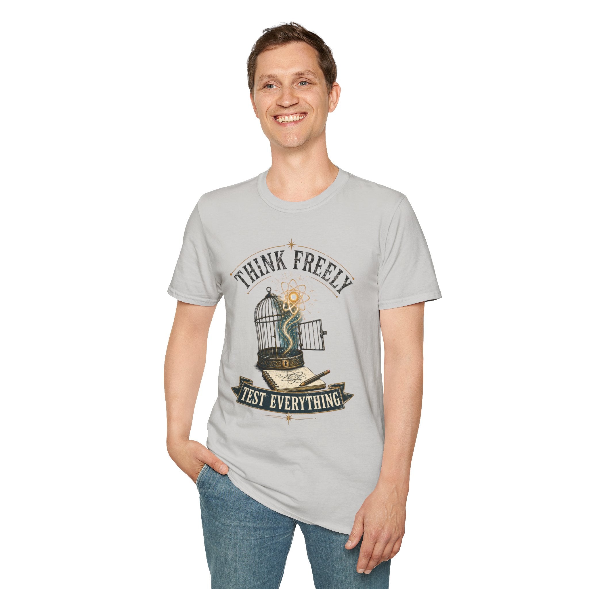 Think Freely T-Shirt — 'Test Everything' Inspirational Cage & Book Graphic Tee