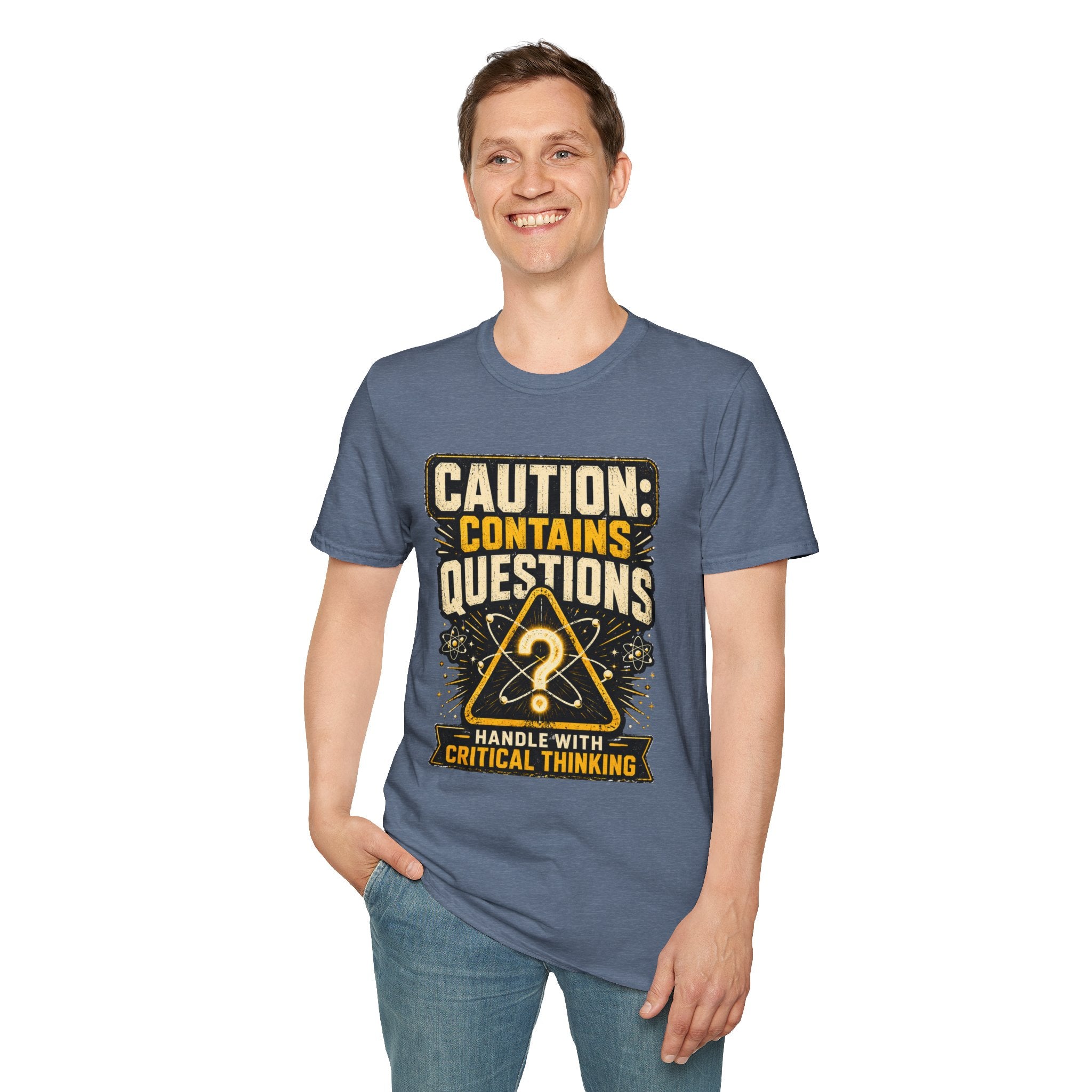 Caution: Contains Questions T-Shirt — Handle With Critical Thinking Graphic Tee