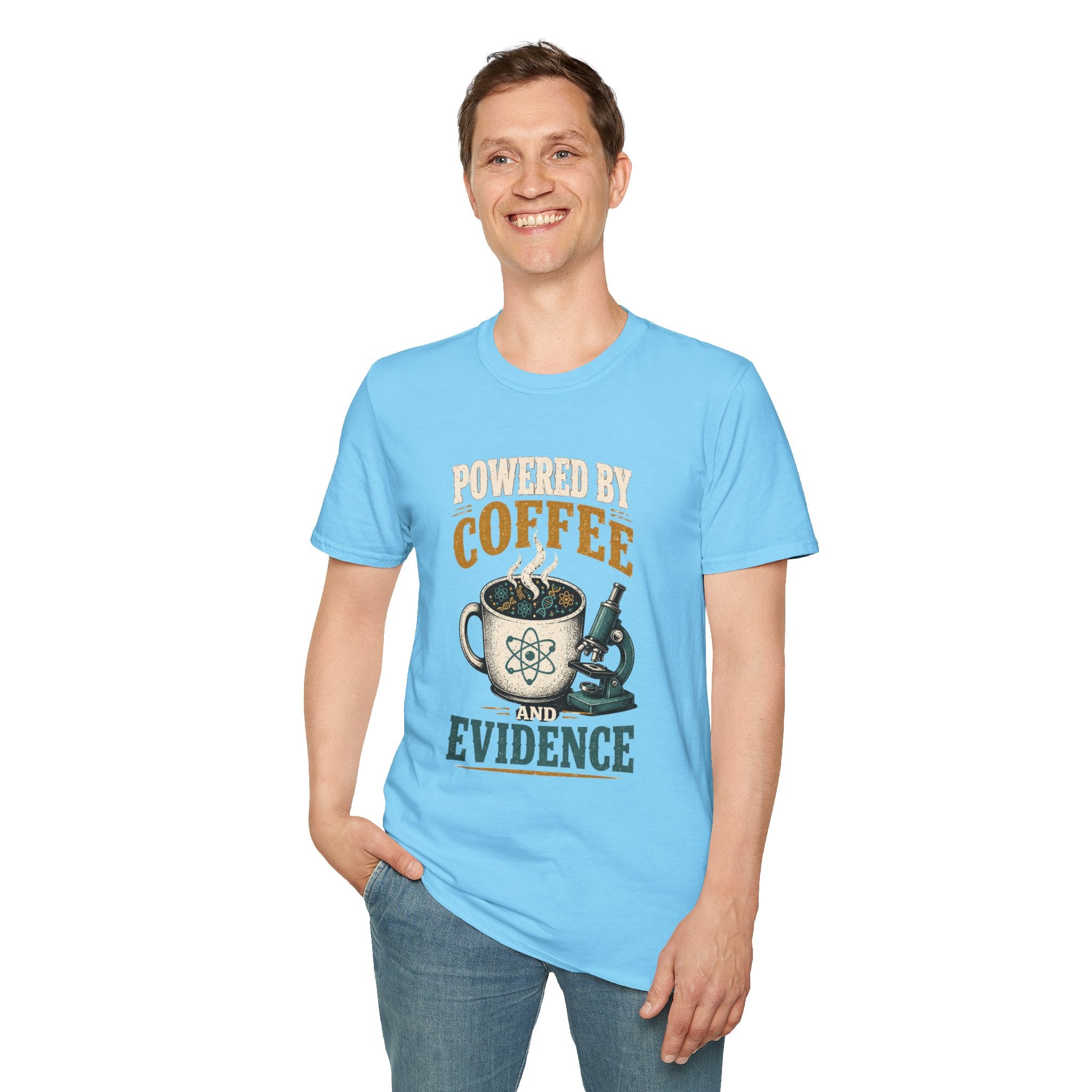 Coffee T-Shirt — "Powered by Coffee & Evidence" Retro Science Mug Design