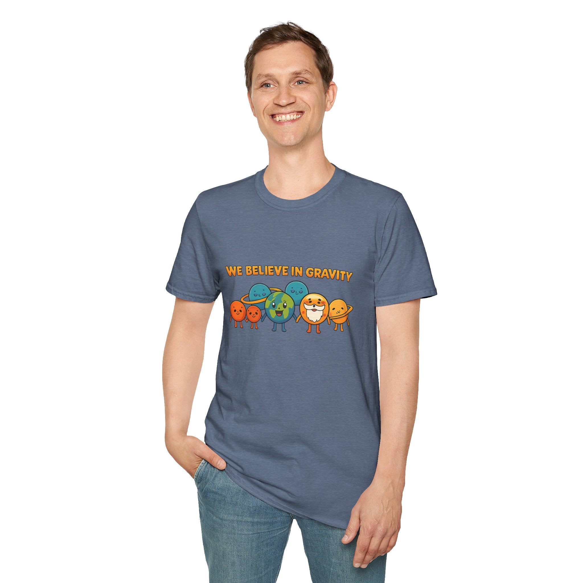 Cute Planetary Cartoon "We Believe in Gravity" Tee