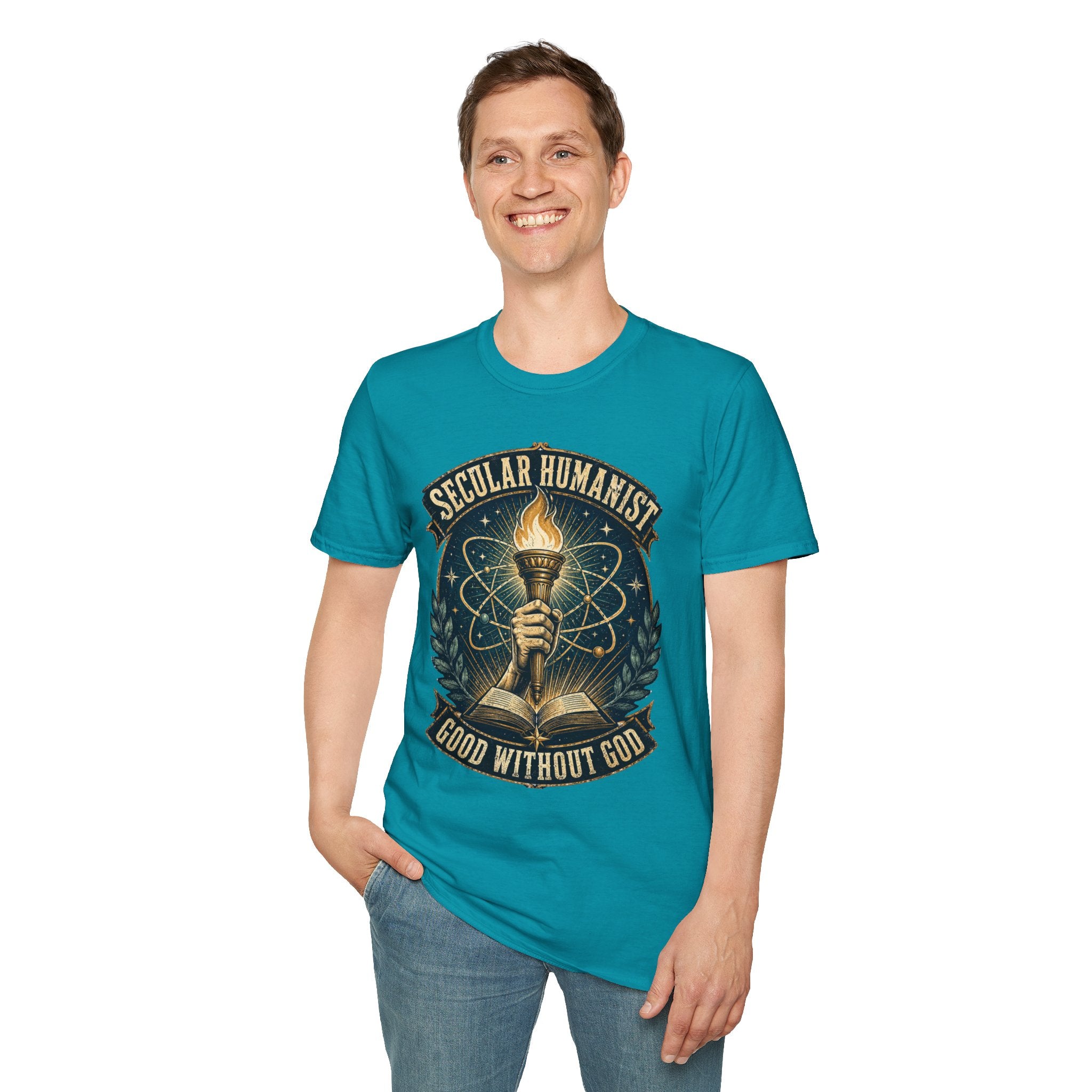 Secular Humanist T-Shirt — "Good Without God" Torch Graphic