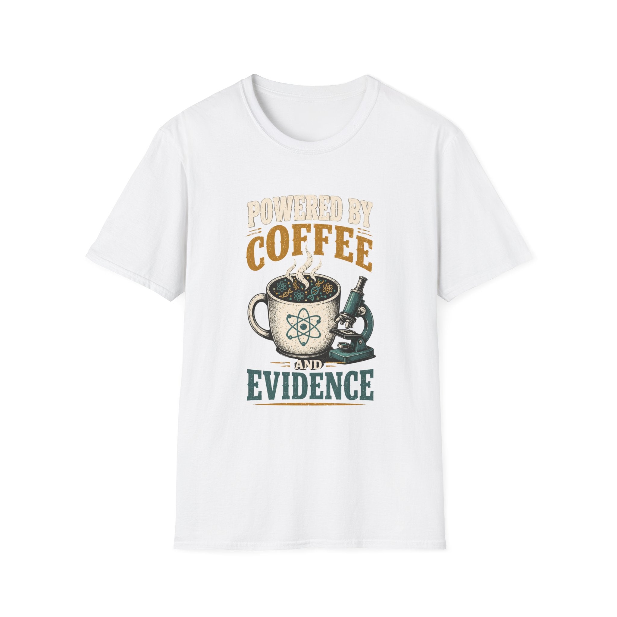 Coffee T-Shirt — "Powered by Coffee & Evidence" Retro Science Mug Design