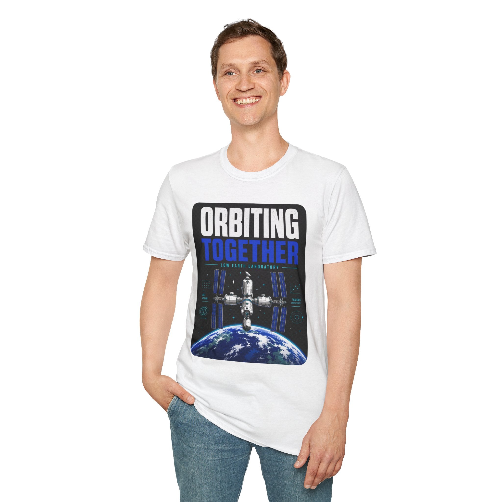 Orbiting Together T‑Shirt — Space Station Earth Graphic Tee