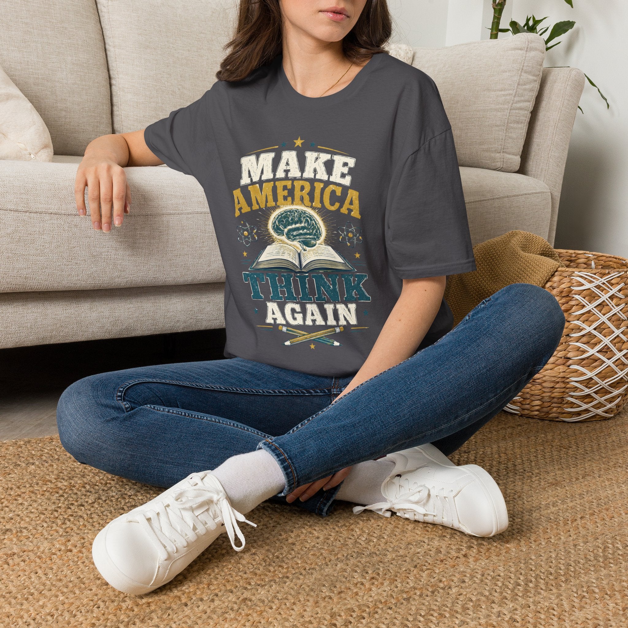 Make America Think Again T-Shirt — Retro Brain Graphic Tee