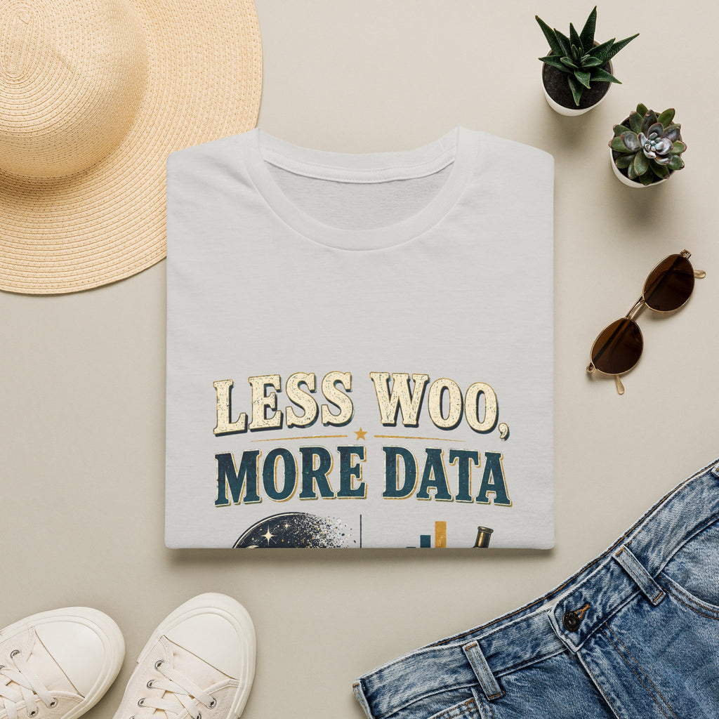 Less Woo, More Data Graphic T-Shirt — Science & Skepticism Tee