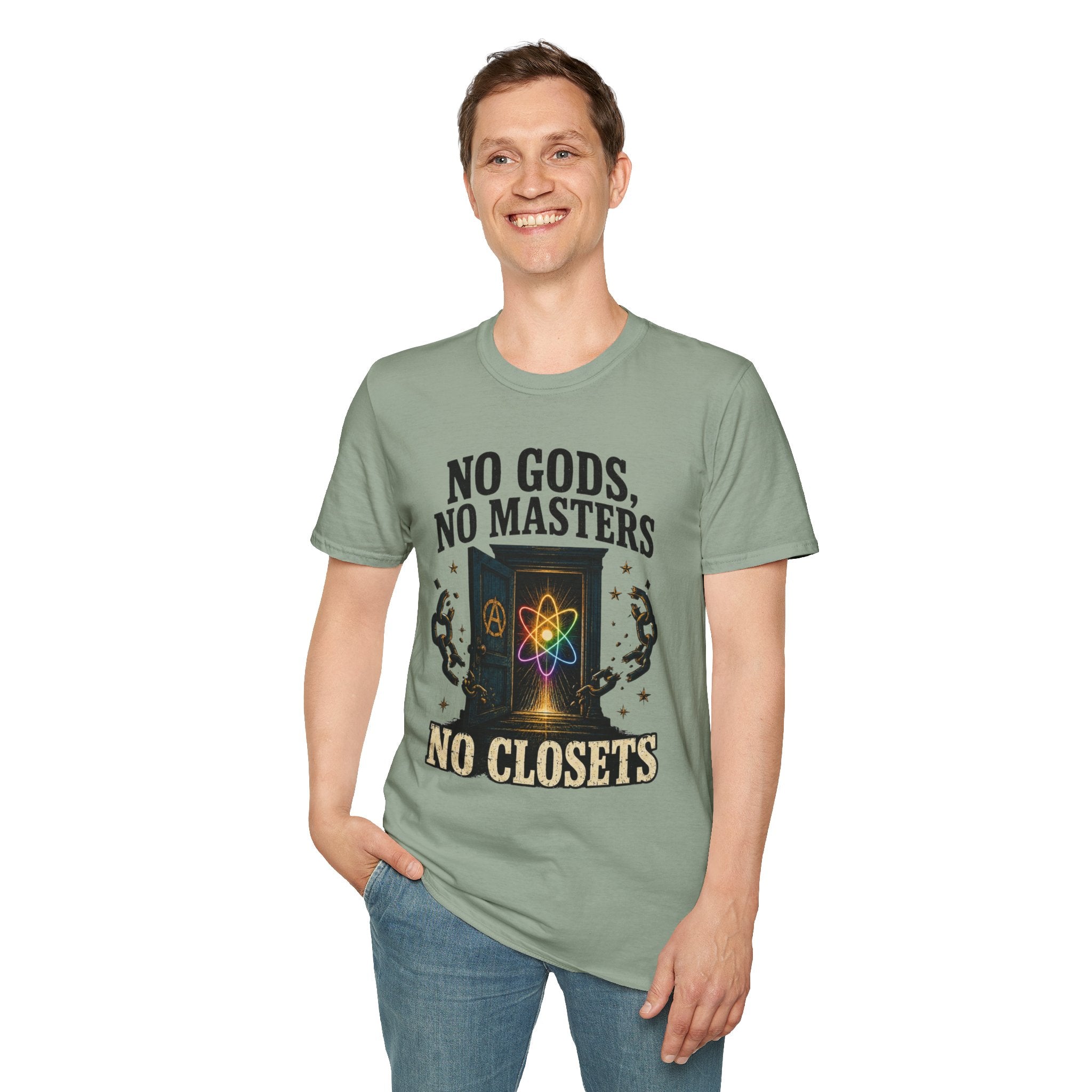 "No Gods, No Masters, No Closets" Atheist & LGBTQ+ Pride Graphic Tee
