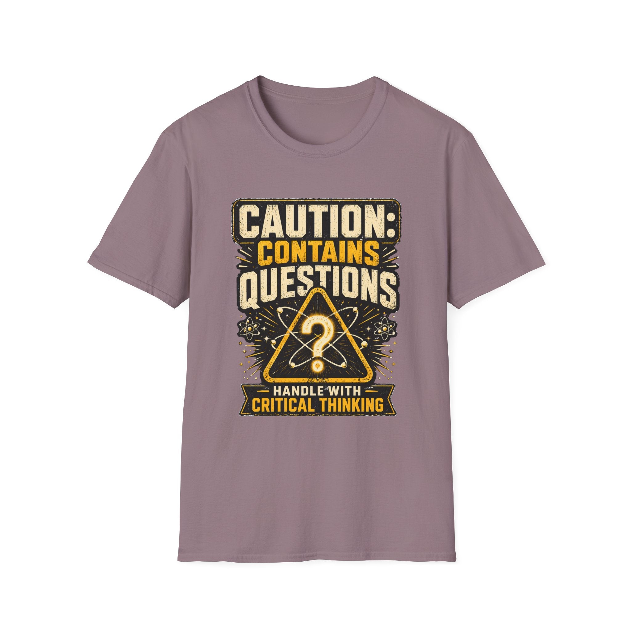 Caution: Contains Questions T-Shirt — Handle With Critical Thinking Graphic Tee