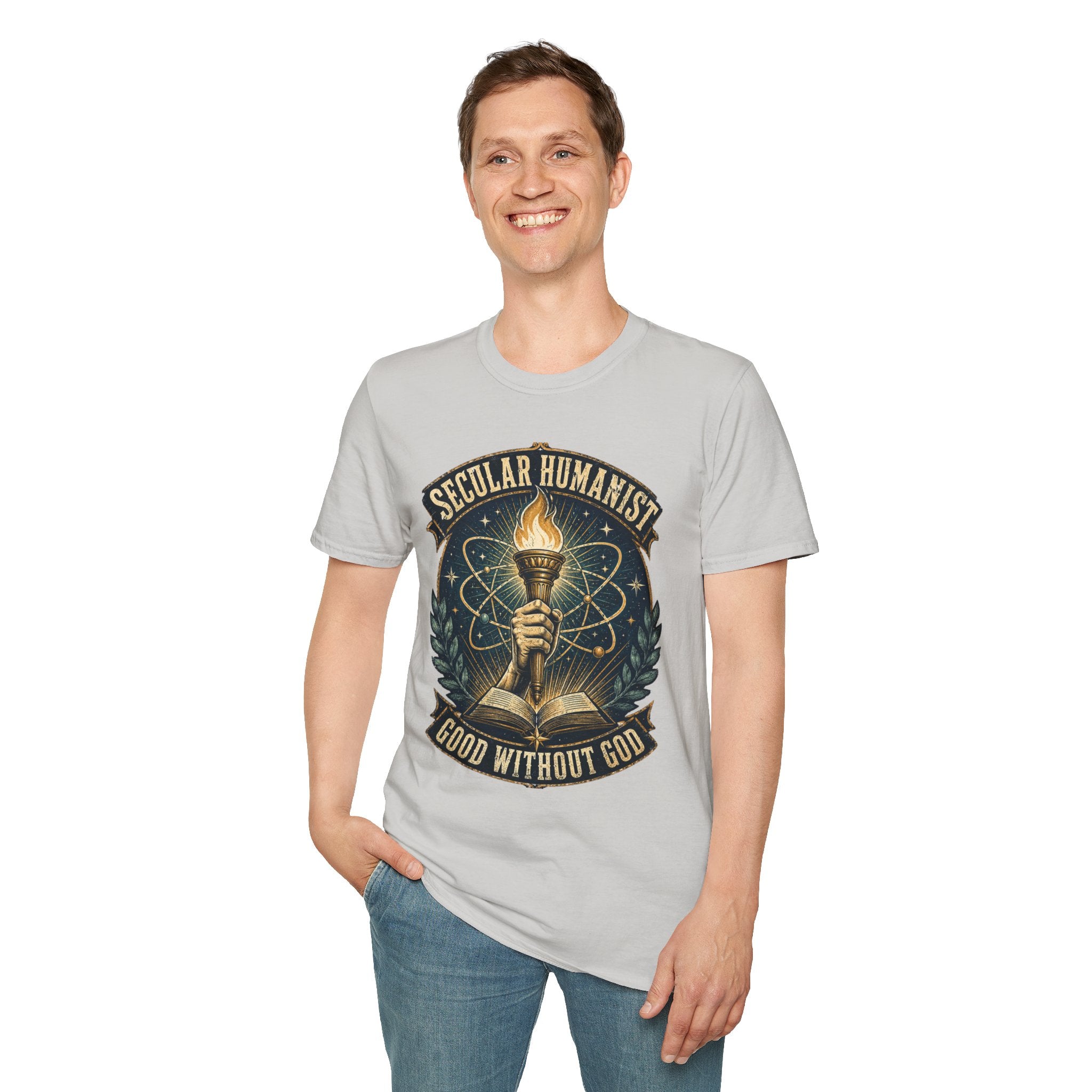 Secular Humanist T-Shirt — "Good Without God" Torch Graphic