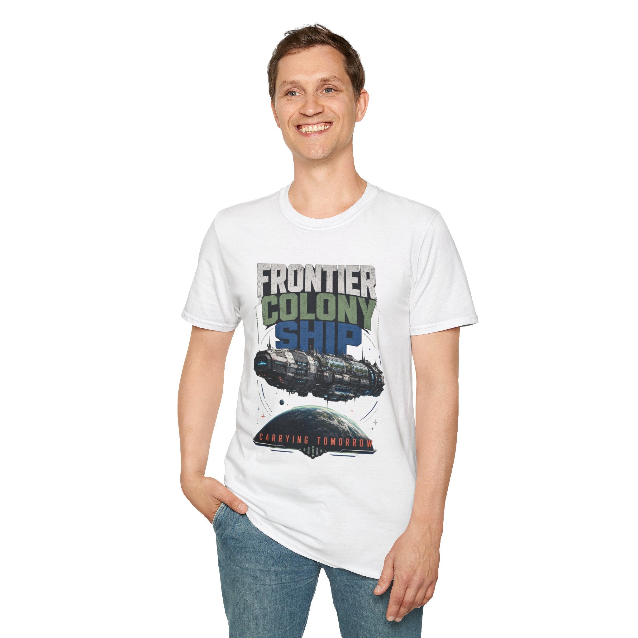 Frontier Colony Ship T-Shirt — Retro Sci‑Fi Space Colony Tee