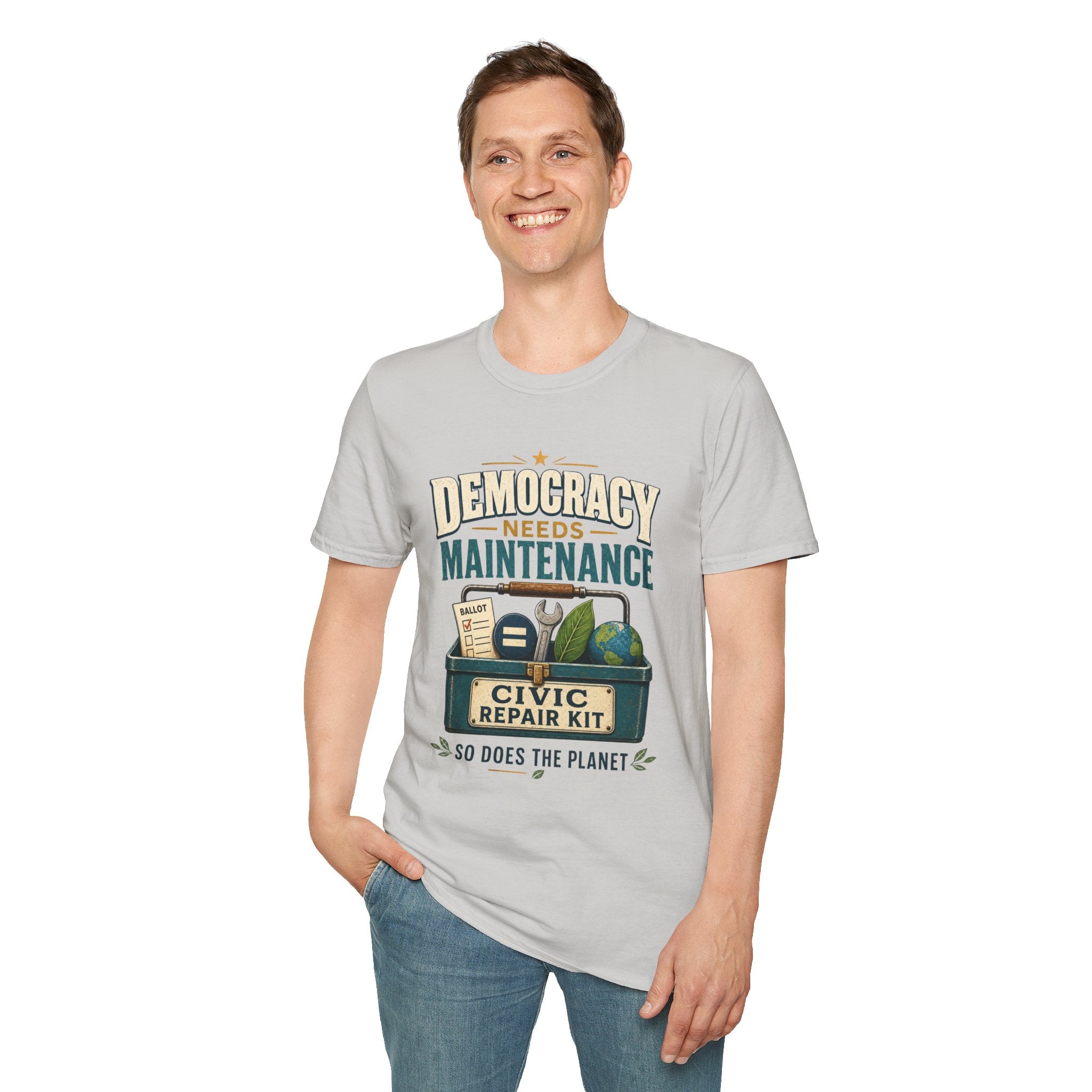 Democracy Needs Maintenance T-Shirt — Civic Repair Kit Tee