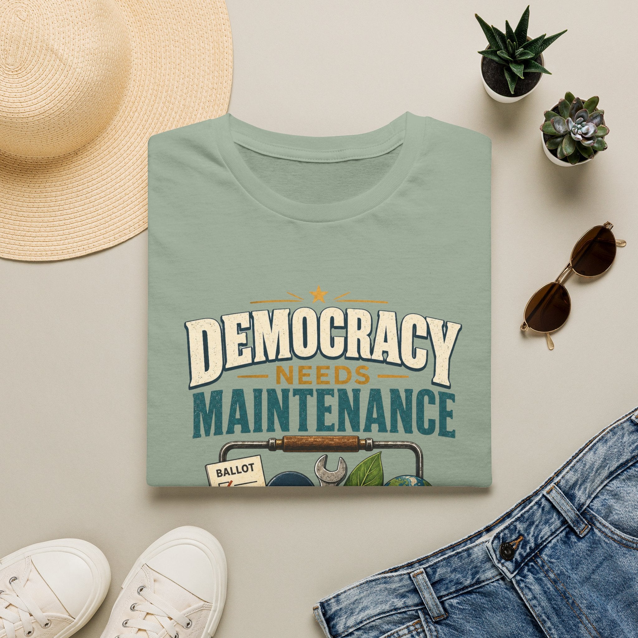 Democracy Needs Maintenance T-Shirt — Civic Repair Kit Tee