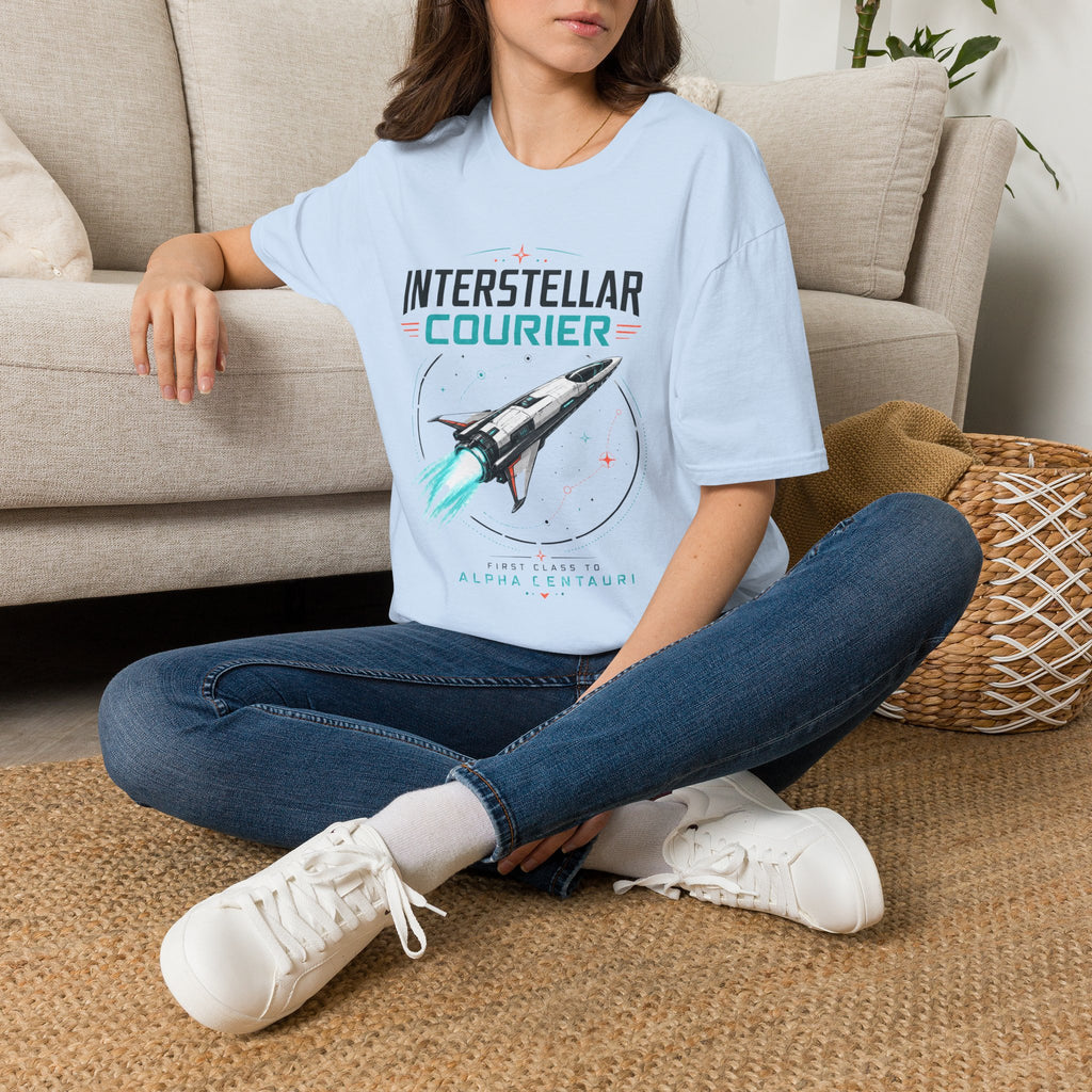 Interstellar Courier T‑Shirt — Retro Space Rocket Tee for Sci‑Fi Fans