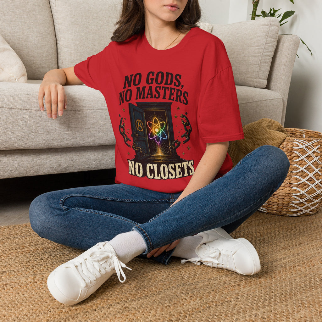 "No Gods, No Masters, No Closets" Atheist & LGBTQ+ Pride Graphic Tee