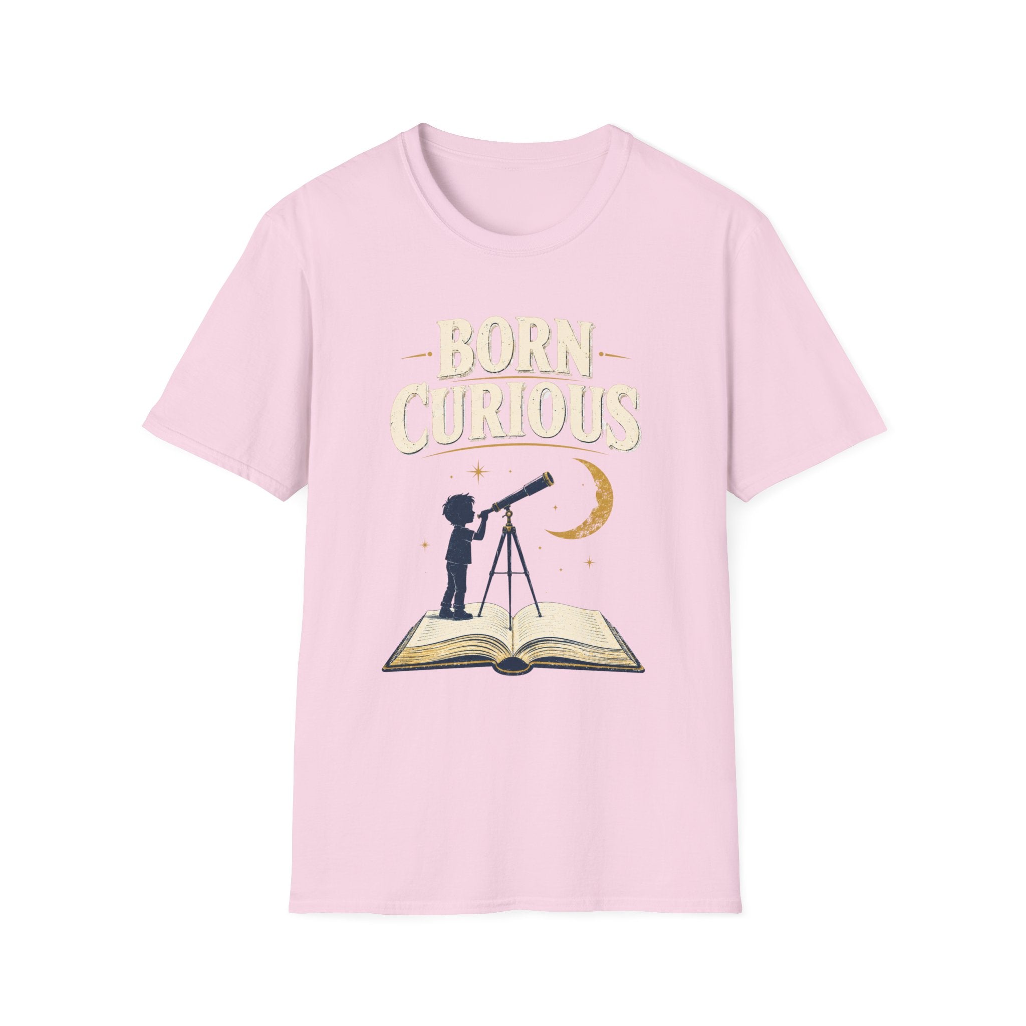 Born Curious T‑Shirt — Telescope Astronomy Graphic Tee for Curious Kids & Adults
