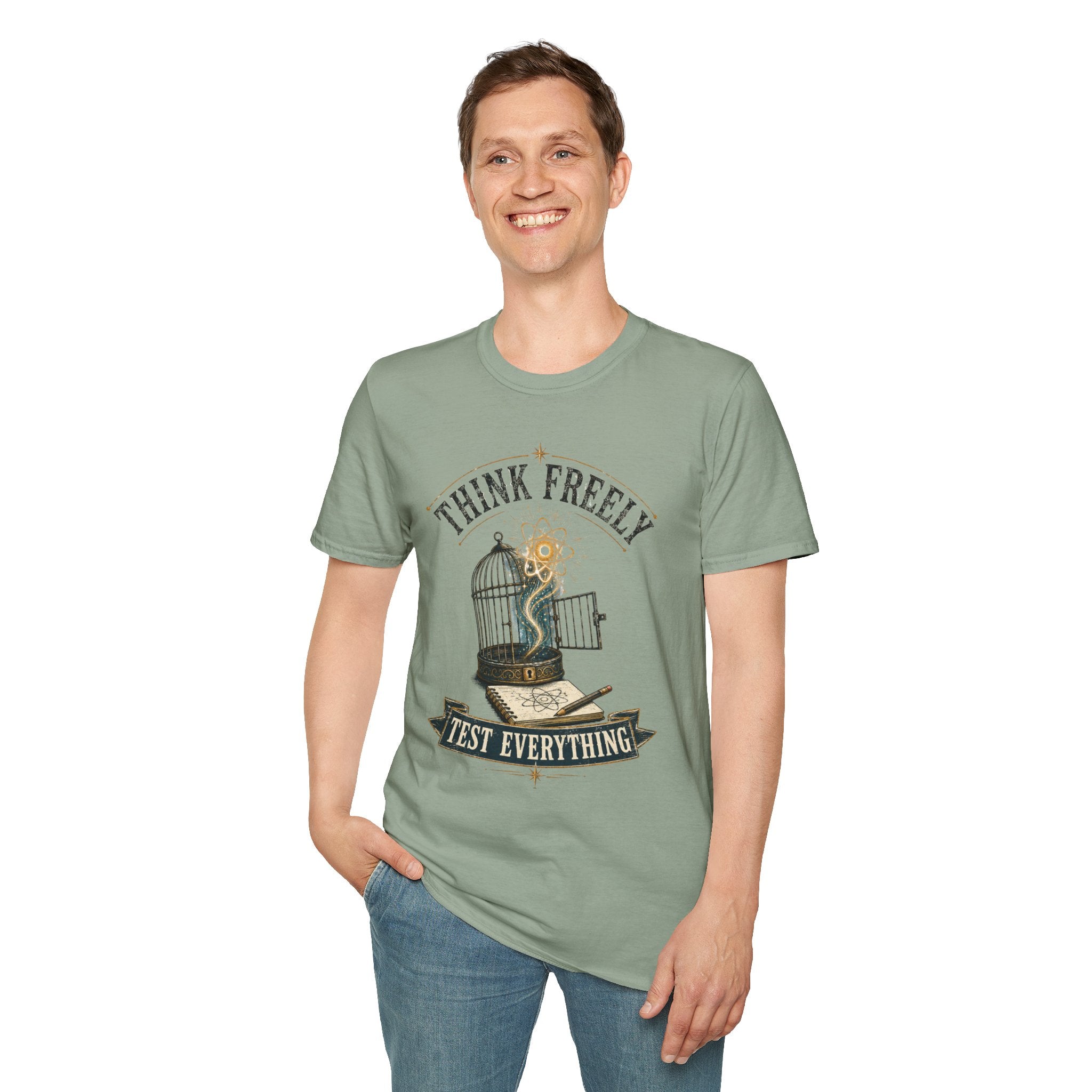 Think Freely T-Shirt — 'Test Everything' Inspirational Cage & Book Graphic Tee