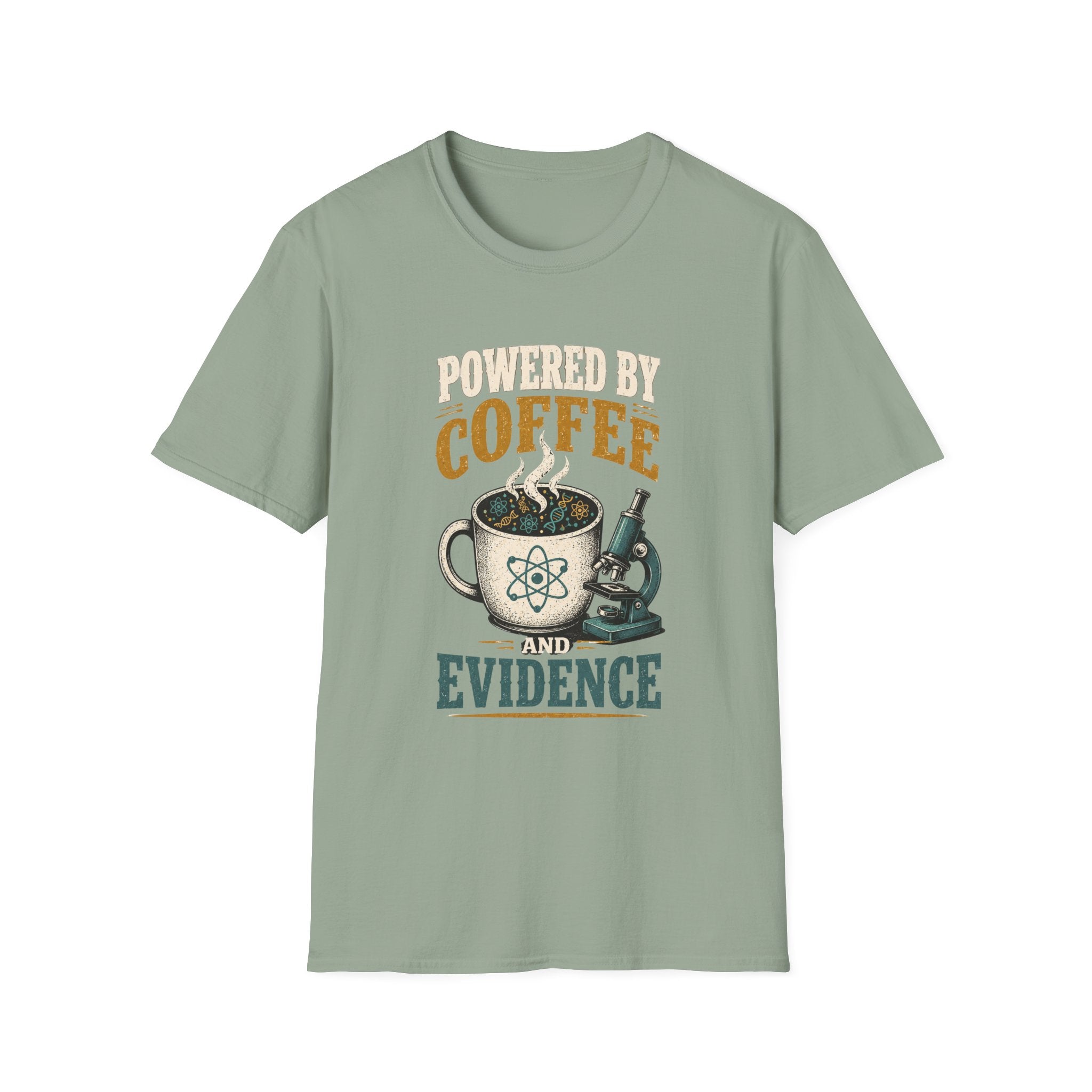 Coffee T-Shirt — "Powered by Coffee & Evidence" Retro Science Mug Design