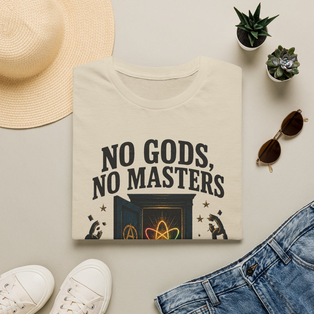 "No Gods, No Masters, No Closets" Atheist & LGBTQ+ Pride Graphic Tee