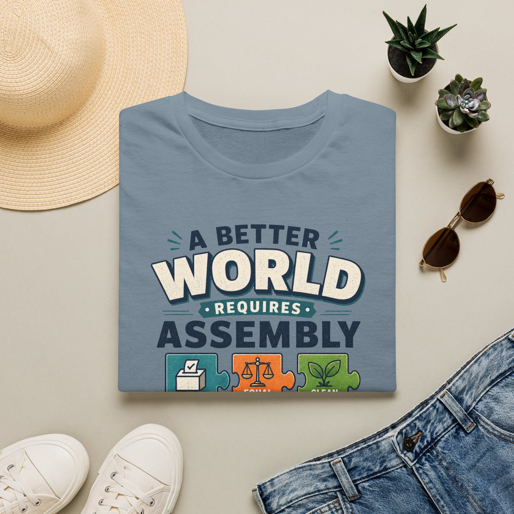 A Better World Requires Assembly T-Shirt — Sustainability, Voting & Community Graphic Tee