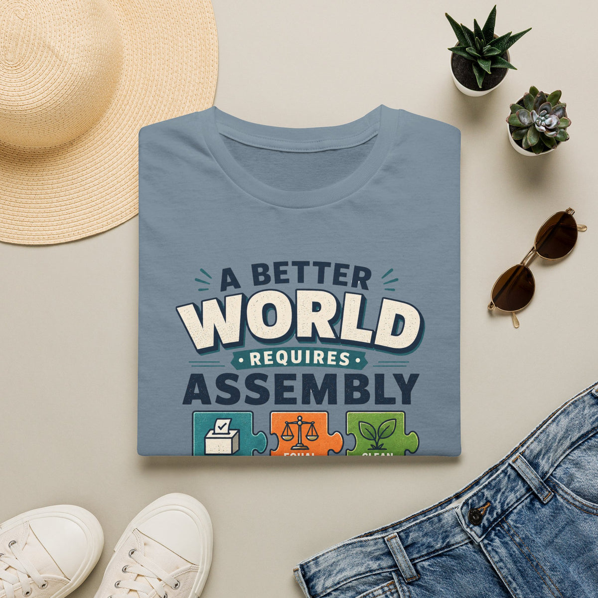 A Better World Requires Assembly T-Shirt — Sustainability, Voting & Community Graphic Tee