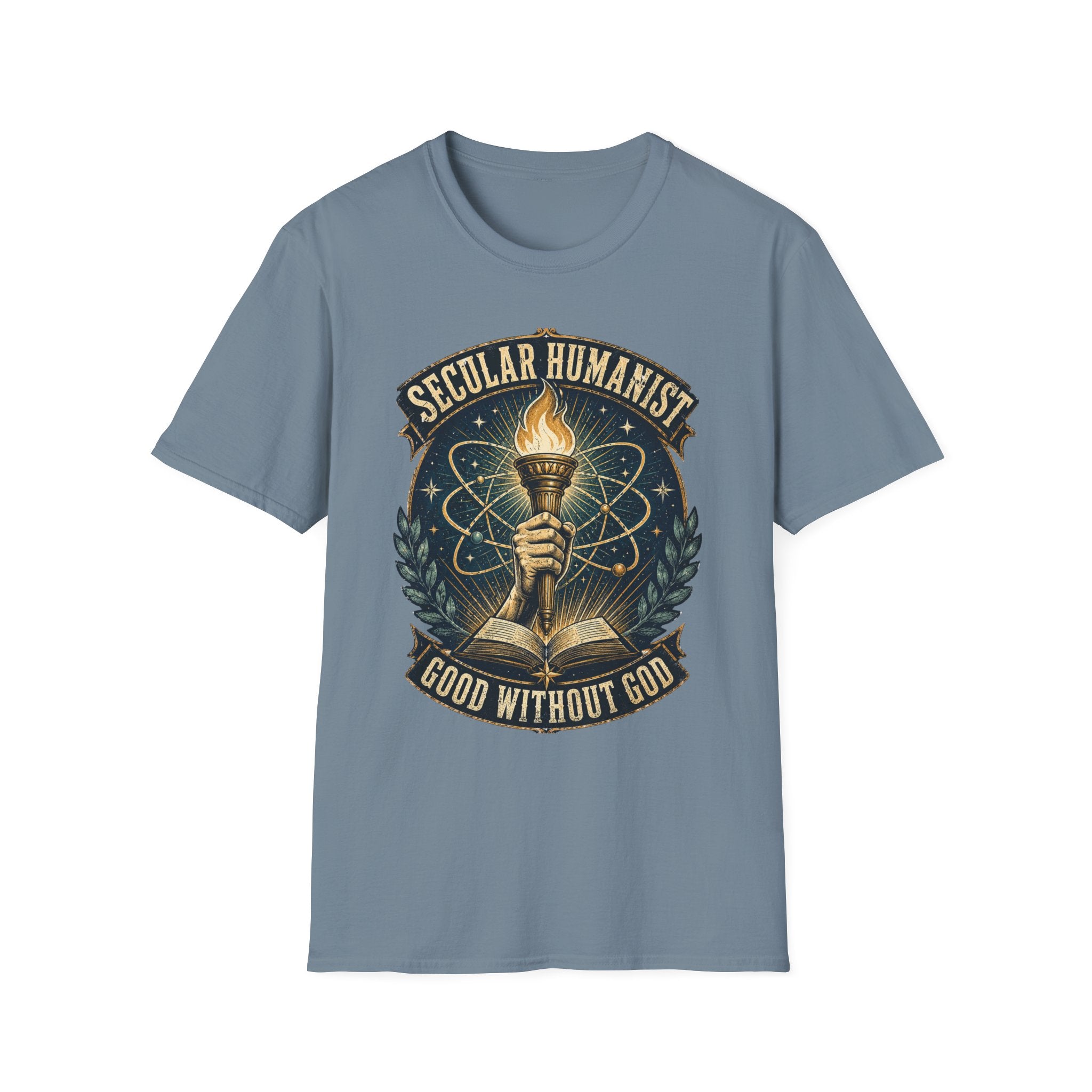 Secular Humanist T-Shirt — "Good Without God" Torch Graphic