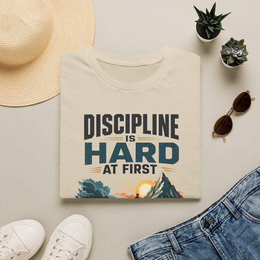 T-Shirt — "Discipline Is Hard at First" Motivational Graphic Tee