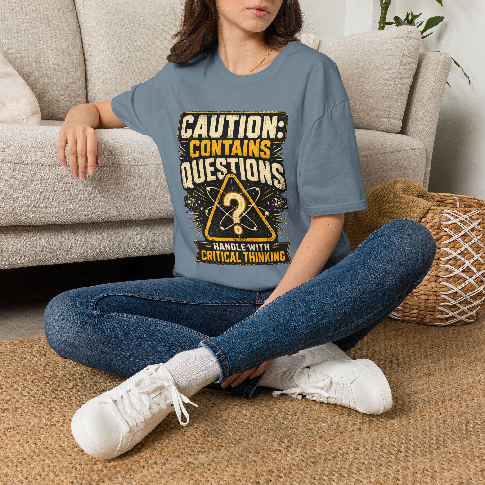 Caution: Contains Questions T-Shirt — Handle With Critical Thinking Graphic Tee